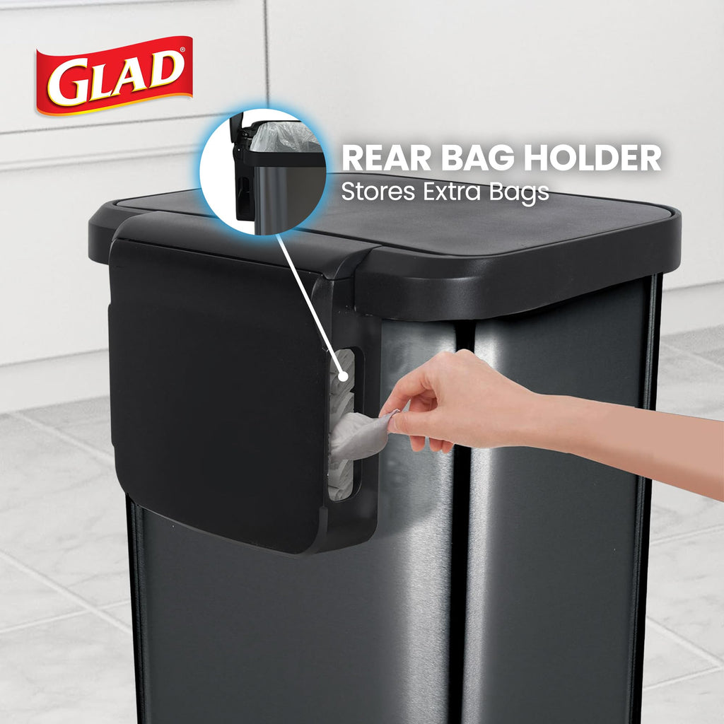 Glad 13 Gallon All Brushed Stainless Steel Trash Can with Clorox Odor Protection | Large Metal Kitchen Garbage Bin with Soft Close Lid, Garbage Bag Rings, Step On Foot Pedal and Waste Bag Roll Holder
