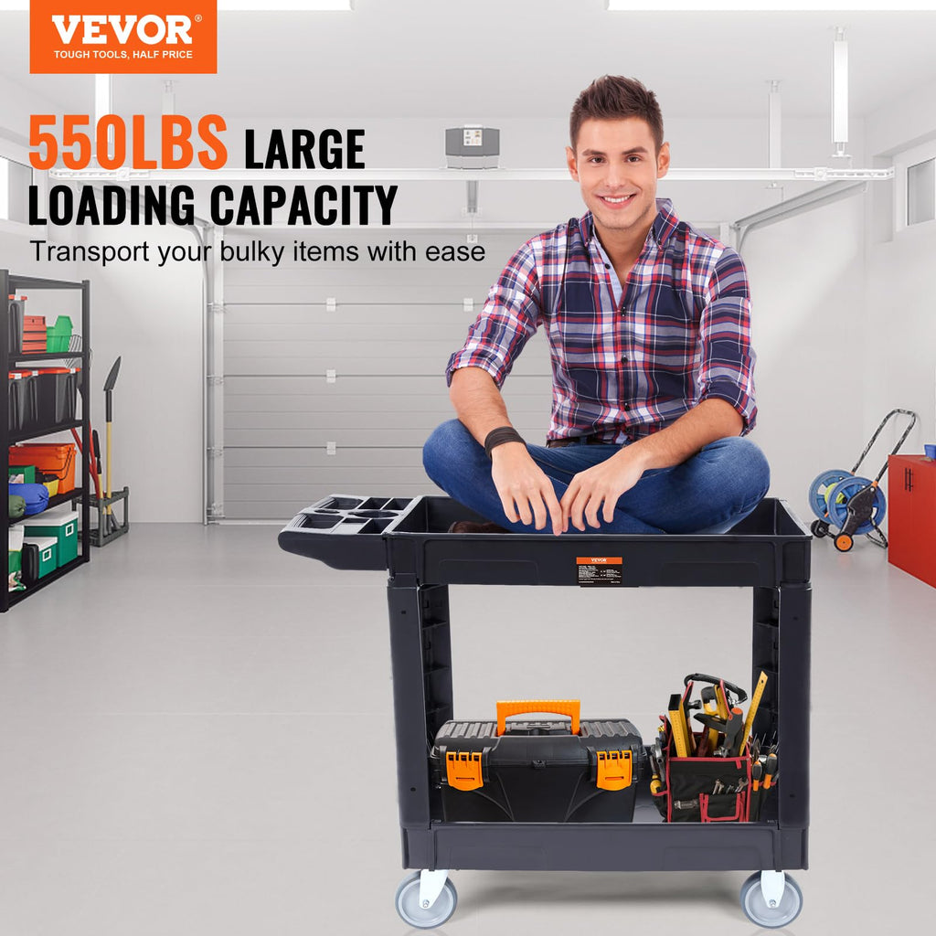 VEVOR Utility Service Cart, 2 Shelf 550LBS Heavy Duty Plastic Rolling Utility Cart, Medium Lipped Shelf, 360° Swivel Wheels, Ergonomic Storage Handle for Warehouse Garage, Black | Heavy Duty Rolling Cart with 360° Swivel Wheels, Medium Lipped Shelf, Ergon