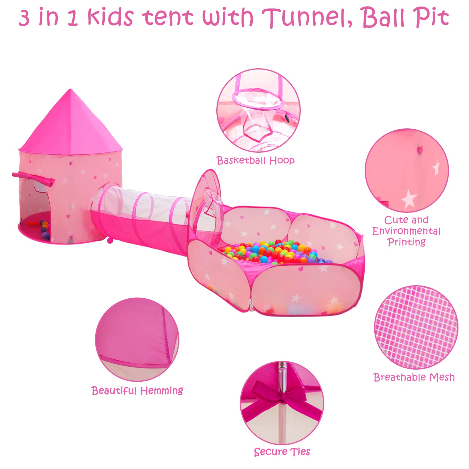GeerWest 3PC Dinosaur Tent for Girls with Kids Ball Pit, Kids Play Tents and Crawl Tunnel for Toddlers, Pink Pop Up Playhouse Toys for Baby Indoor& Outdoor Tent Games, Birthday Kid’s Gifts