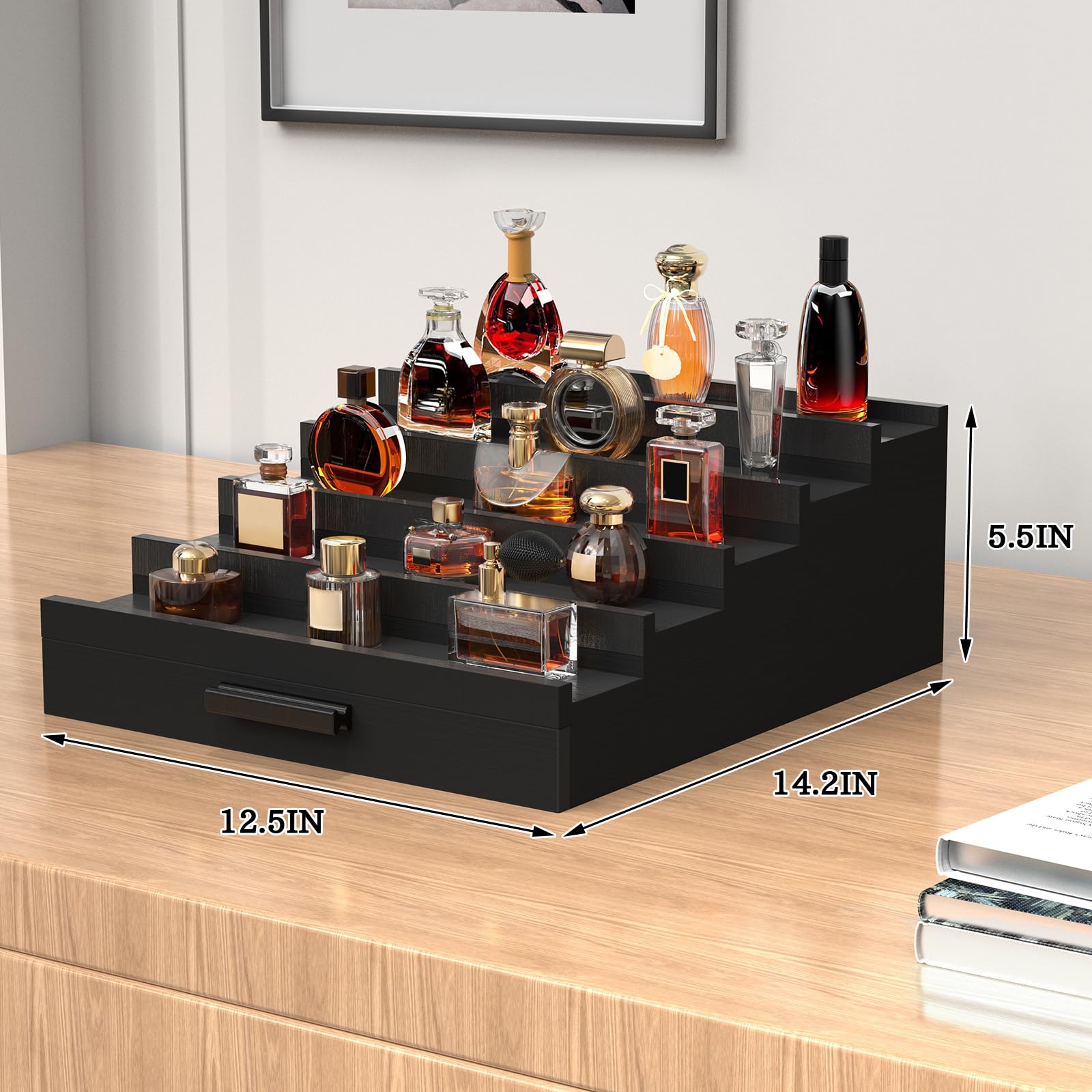 Wooden Cologne Organizer for Men 4 Tier of Perfume Display Holder of Drawer & 2 Hidden Compartments Larger Storage Space Mens Perfume Organizer Shelf Stand,Gift for Man (4T-Black Walnut)