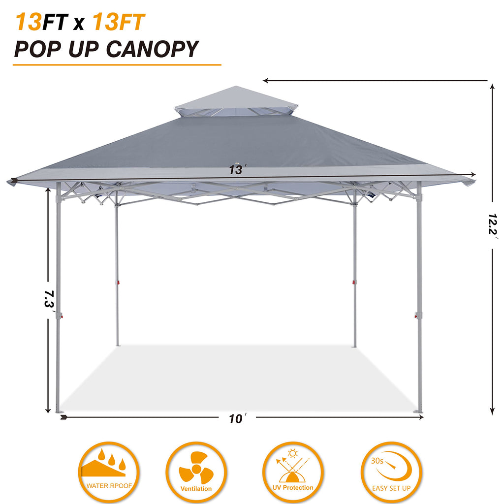 COOSHADE 13x13Ft Pop Up Canopy Tent Instant Folding Shelter 169 Square Feet Large Outdoor Sun Protection Shade(Grey)