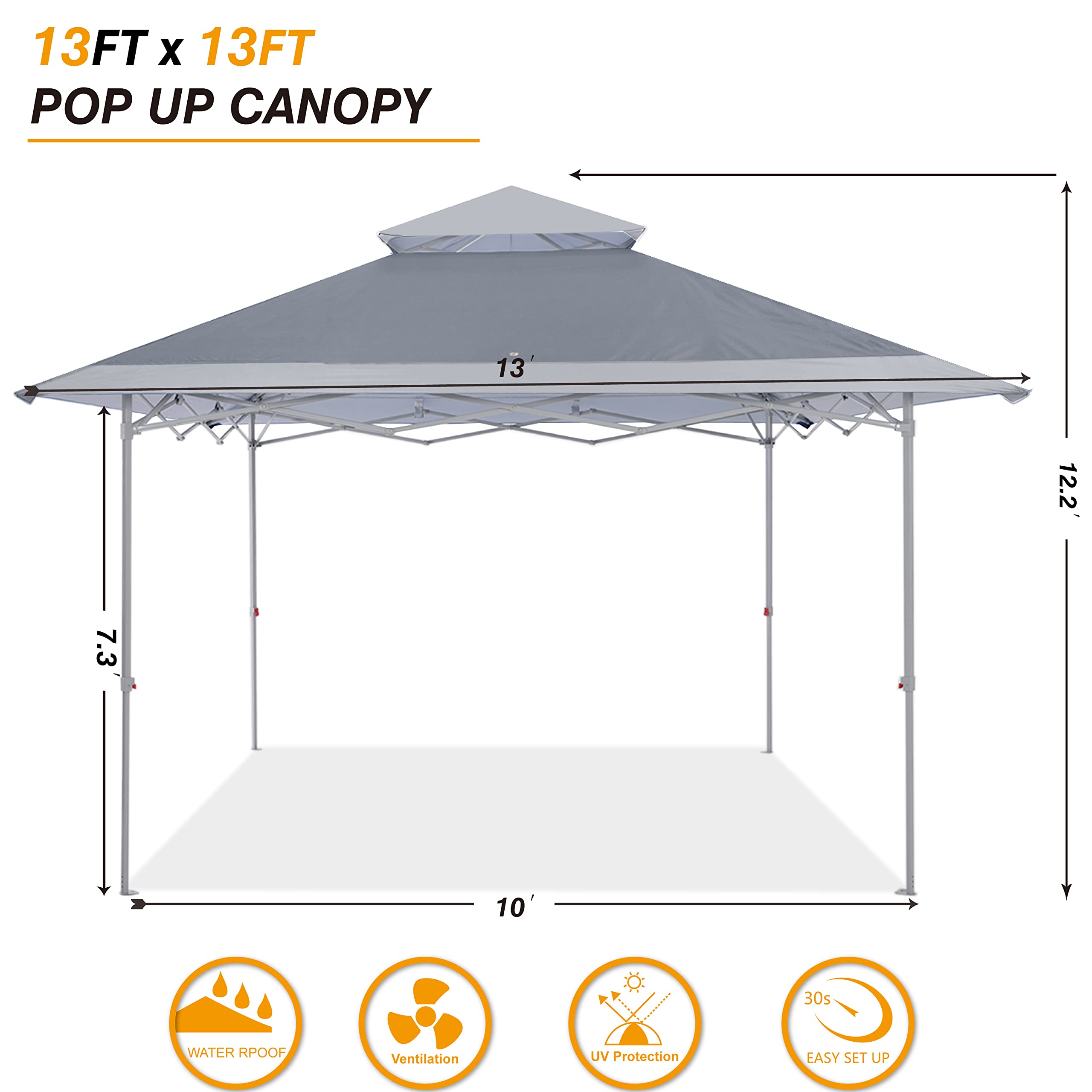 COOSHADE 13x13Ft Pop Up Canopy Tent Instant Folding Shelter 169 Square Feet Large Outdoor Sun Protection Shade(Grey)