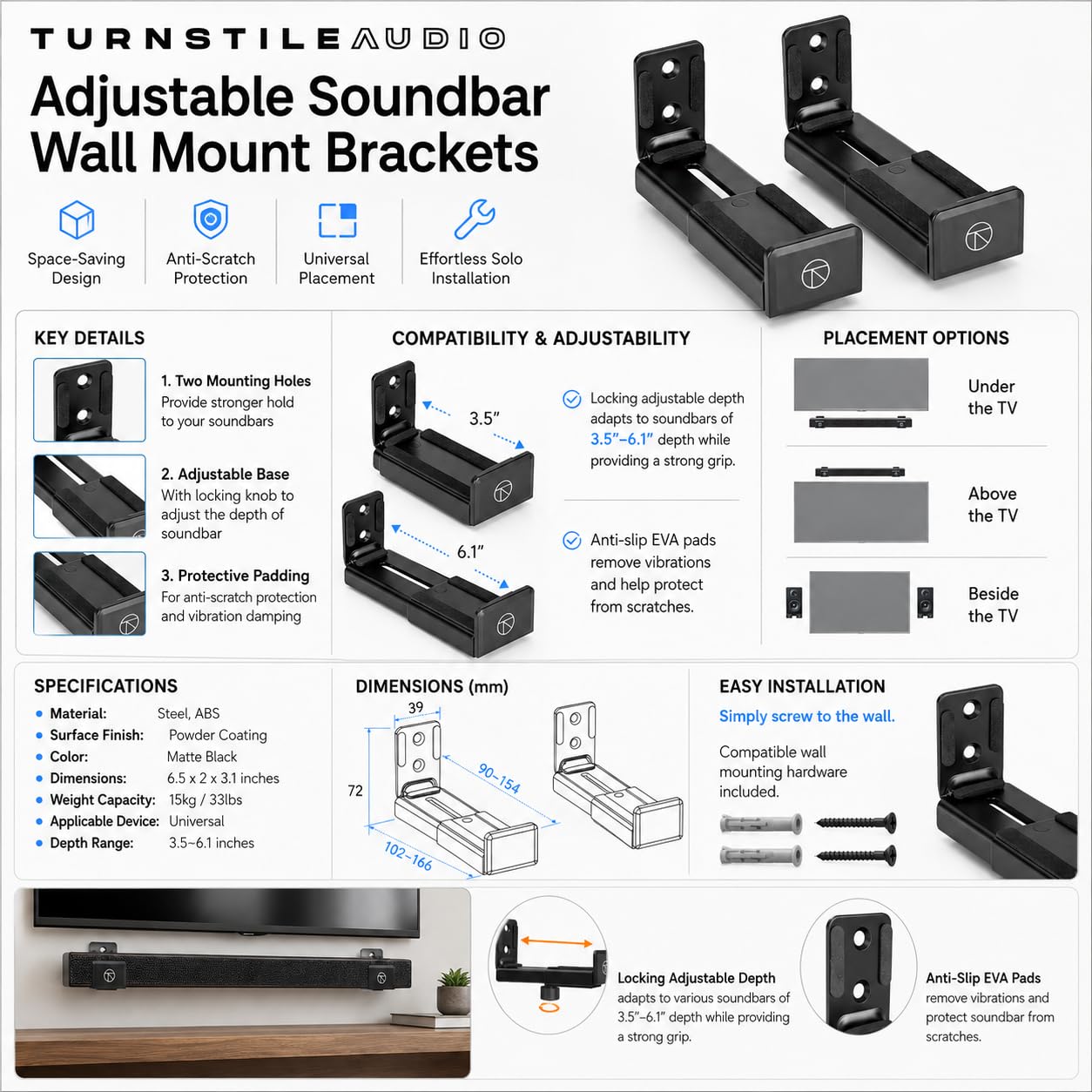 Bose Smart Soundbar 600 Dolby Atmos Home Theater Soundbar with Bass Module 500 Subwoofer Bundle with Turnstile Adjustable Wall Mount Brackets and Universal TV Soundbar Mount Holders