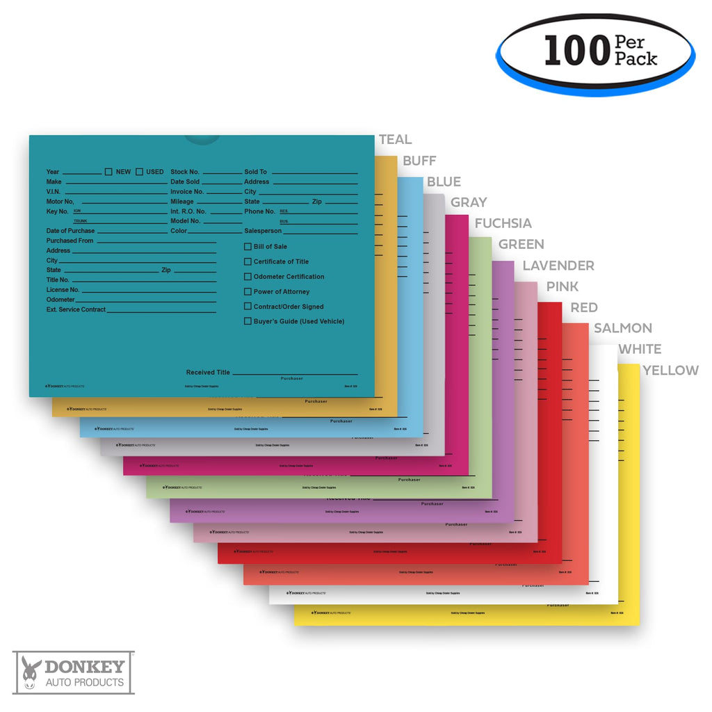 Printed Vehicle Deal Envelopes 9x12 Deal Jackets (100 shrink wrapped) (Blue)