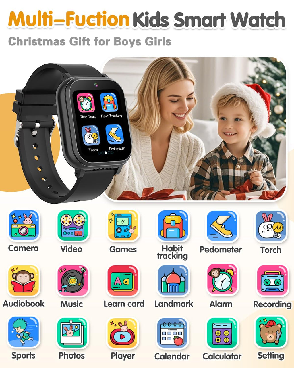 Kids Waterproof Smart Watch Boys Toys Age 5-12 with 32 Games, Dual Camera, Habit Tracking, Music Player, Video, Alarm Clock, HD Touchscreen Watch for Kids Birthday Gift for 3-12 Years Old Boys(Black)
