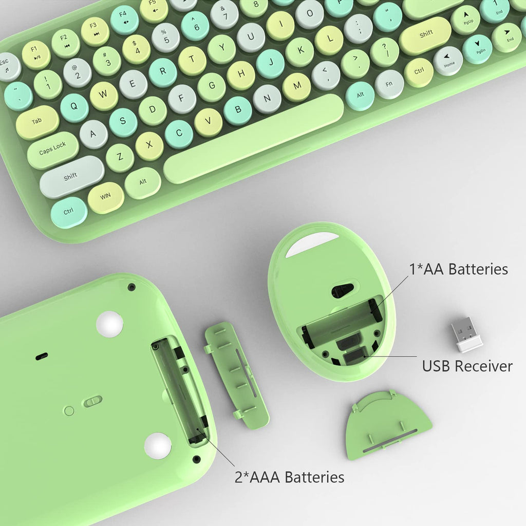 MOFII Wireless Keyboard and Mouse Combo, Compact Typewriter Retro Round Computer Keyboard and Mouse Set, Plug and Play, for Windows, Computer, Desktop, PC, Notebook - Black Green Gradient