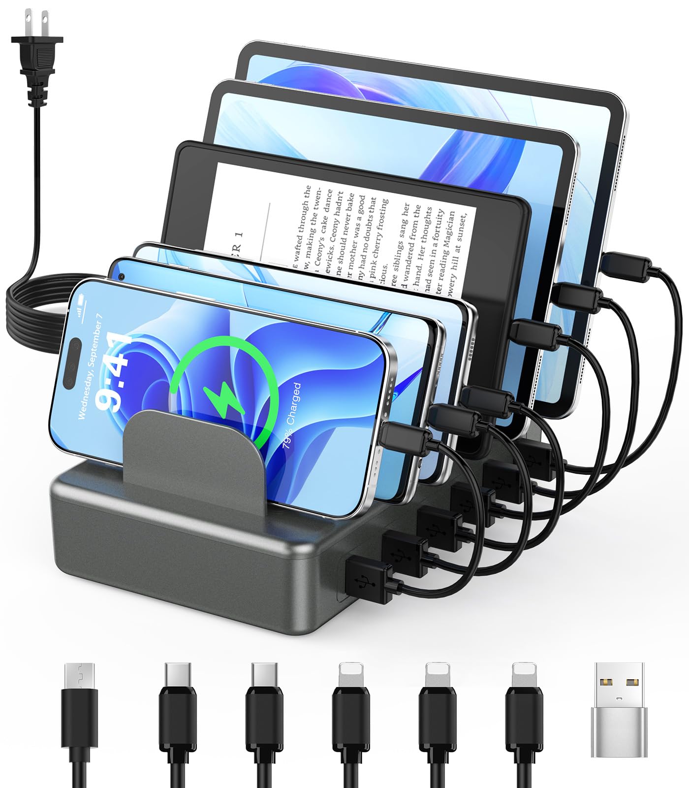 CREATIVE DESIGN 50W 6 Ports Multi Charger Station with 6 Charging Cables, USB Charging Dock for Multiple Devices, Compatible with Cellphone iPad Kindle Tablet and Other Electronic Devices
