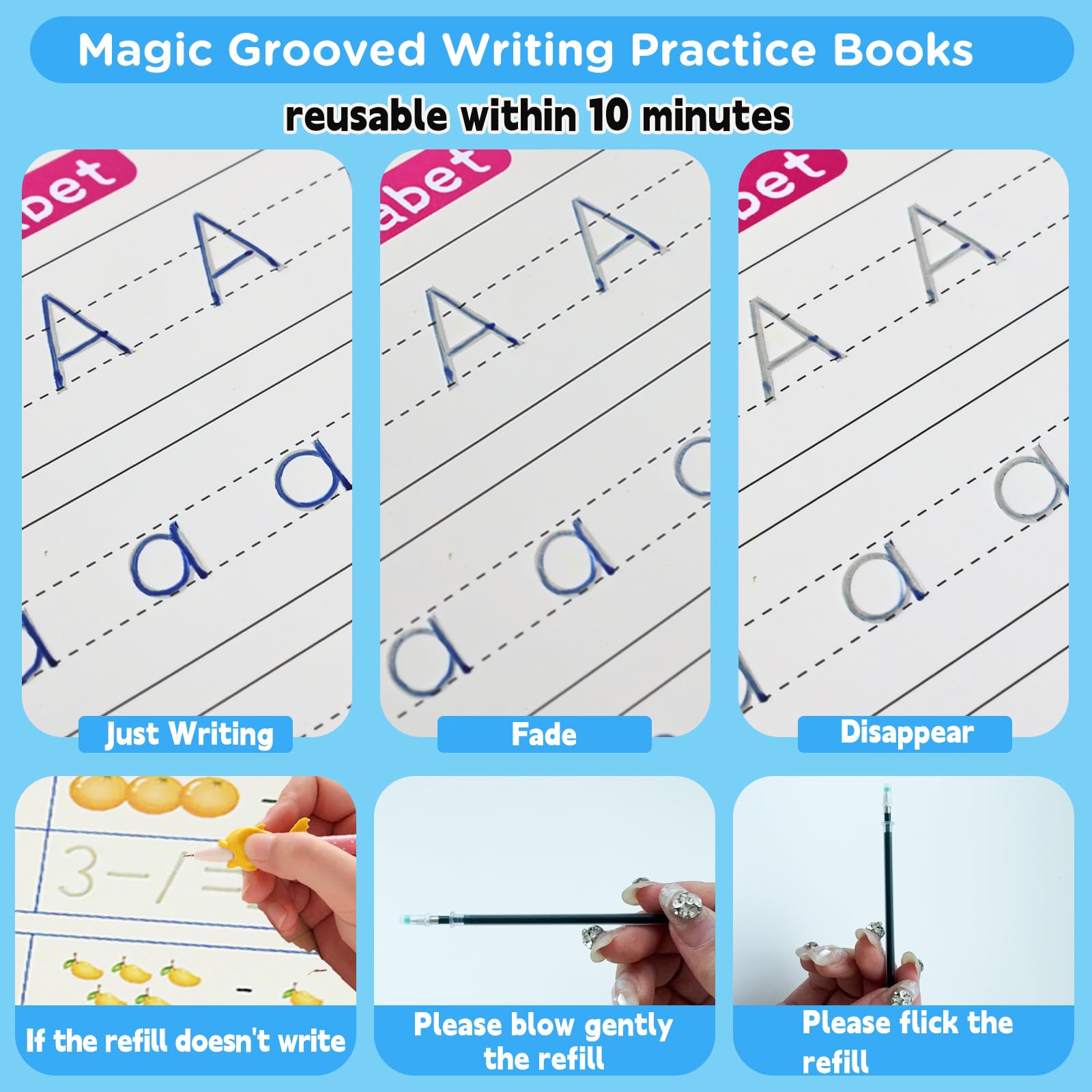 AALGO Large Magic Grooved Writing Practice Books- Reusable Handwriting Practice for Kids 8-10 - Preschool Workbook- Letter Tracing for Kids Ages 3-5