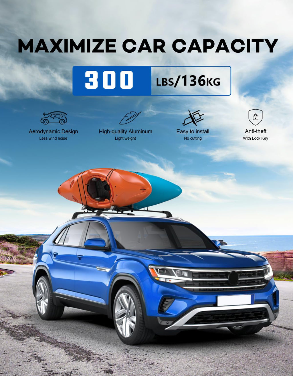 Wonderdriver 300lbs Roof Rack Cross Bars Compatible with Audi Q3 2012-2018, Heavy Duty Aluminum Lockable Roof Rails Crossbars Black Rooftop Cargo Carrier Luggage