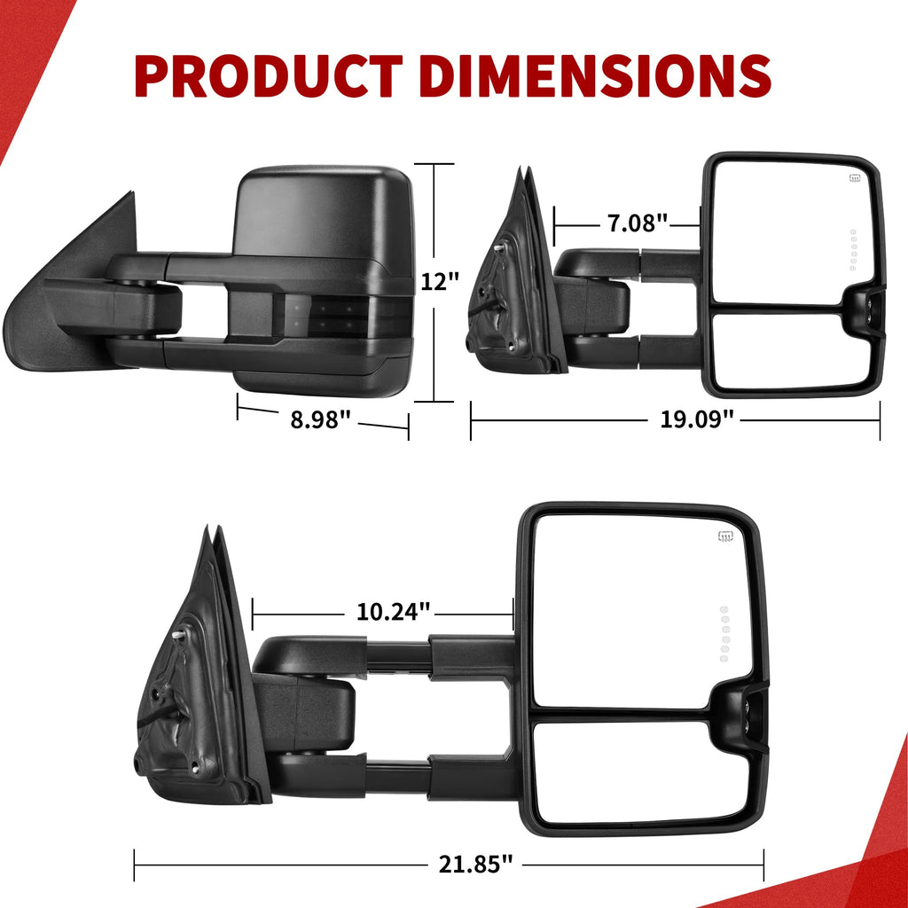 YITAMOTOR Towing Mirrors Compatible with 07-13 Silverado 1500 2500 3500 Tahoe Suburban Avalanche GMC Sierra Yukon Cadillac LED Turn Signal Light Power Heated Manual Telescoping Folding