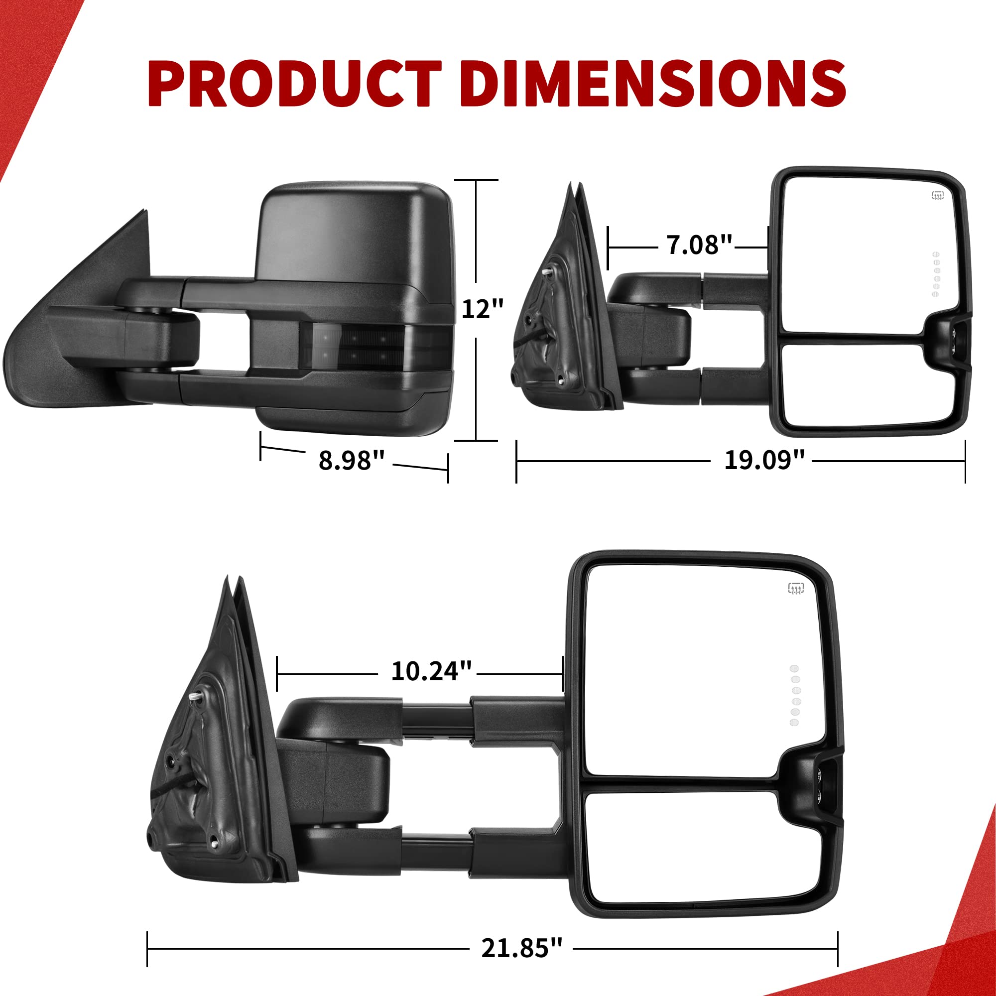 YITAMOTOR Towing Mirrors Compatible with 07-13 Silverado 1500 2500 3500 Tahoe Suburban Avalanche GMC Sierra Yukon Cadillac LED Turn Signal Light Power Heated Manual Telescoping Folding