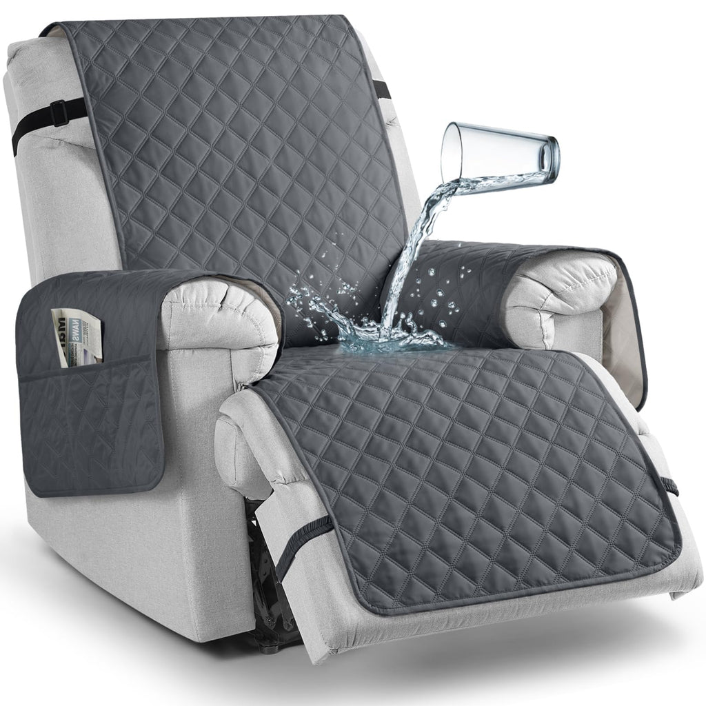 TAOCOCO 100% Waterproof Recliner Chair Covers, Reversible Recliner Covers with Leg Straps, Washable Recliner Sofa Covers for Reclining Chair Furniture Dog Protector with Pocket (Black, 23.6'')