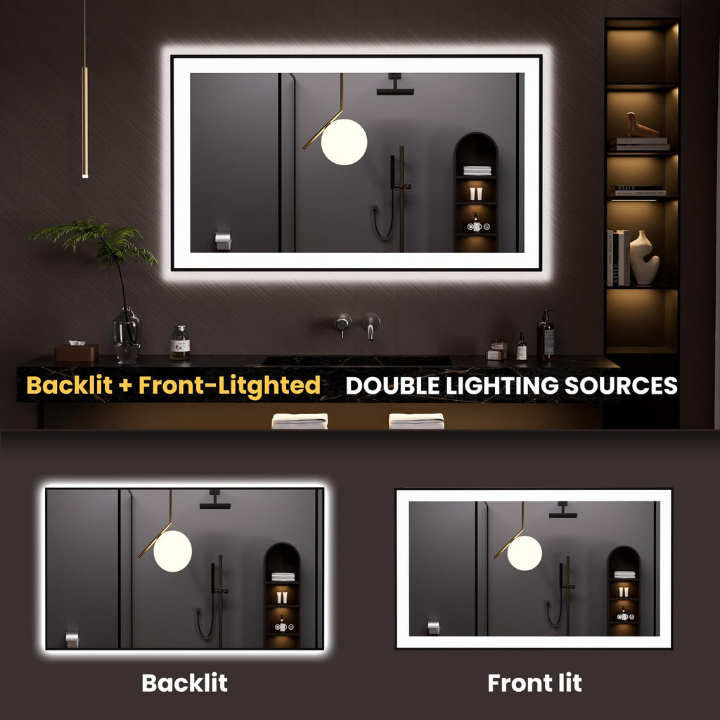 LOAAO 20"X28" LED Bathroom Mirror Black Framed | Anti-Fog, Dimmable, Memory Function, Tempered Glass, Lighted Vanity Mirror for Wall
