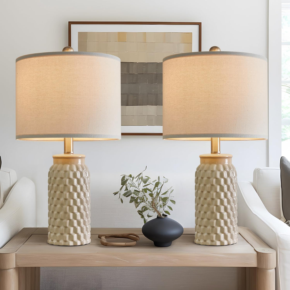 USumkky 20.5" Gold Modern Ceramic Bedside Lamp Set of 2 for Bedroom Decor Farmhouse Table Lamp for Living Room Office Dorm