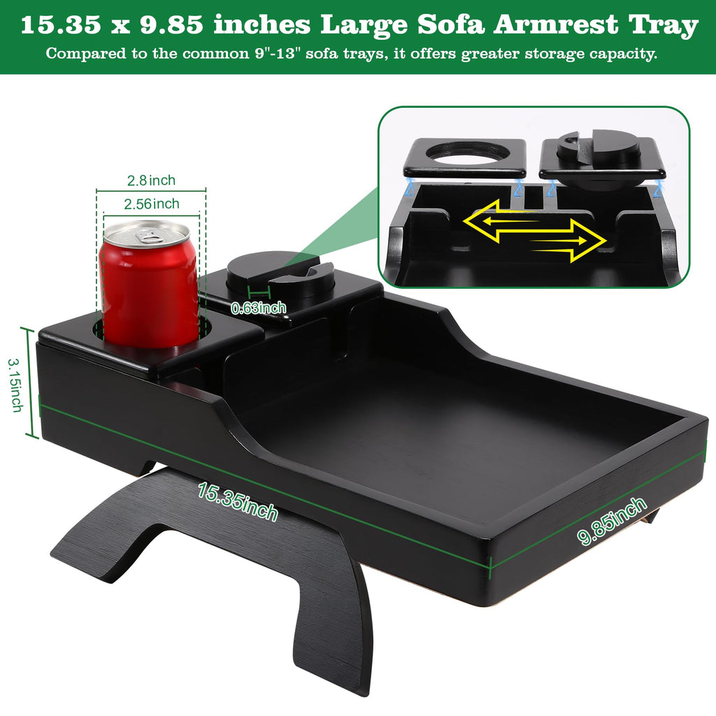GHKINMAL Couch Cup Holder Tray, 15.4"x9.9" Large 4 in 1 Couch Arm Tray with 360°Rotated Phone Holder, Non-Slip Clip on Side Table for Drinks/Remote/Snacks, Ideal Gift for Husband, Wife, Parents