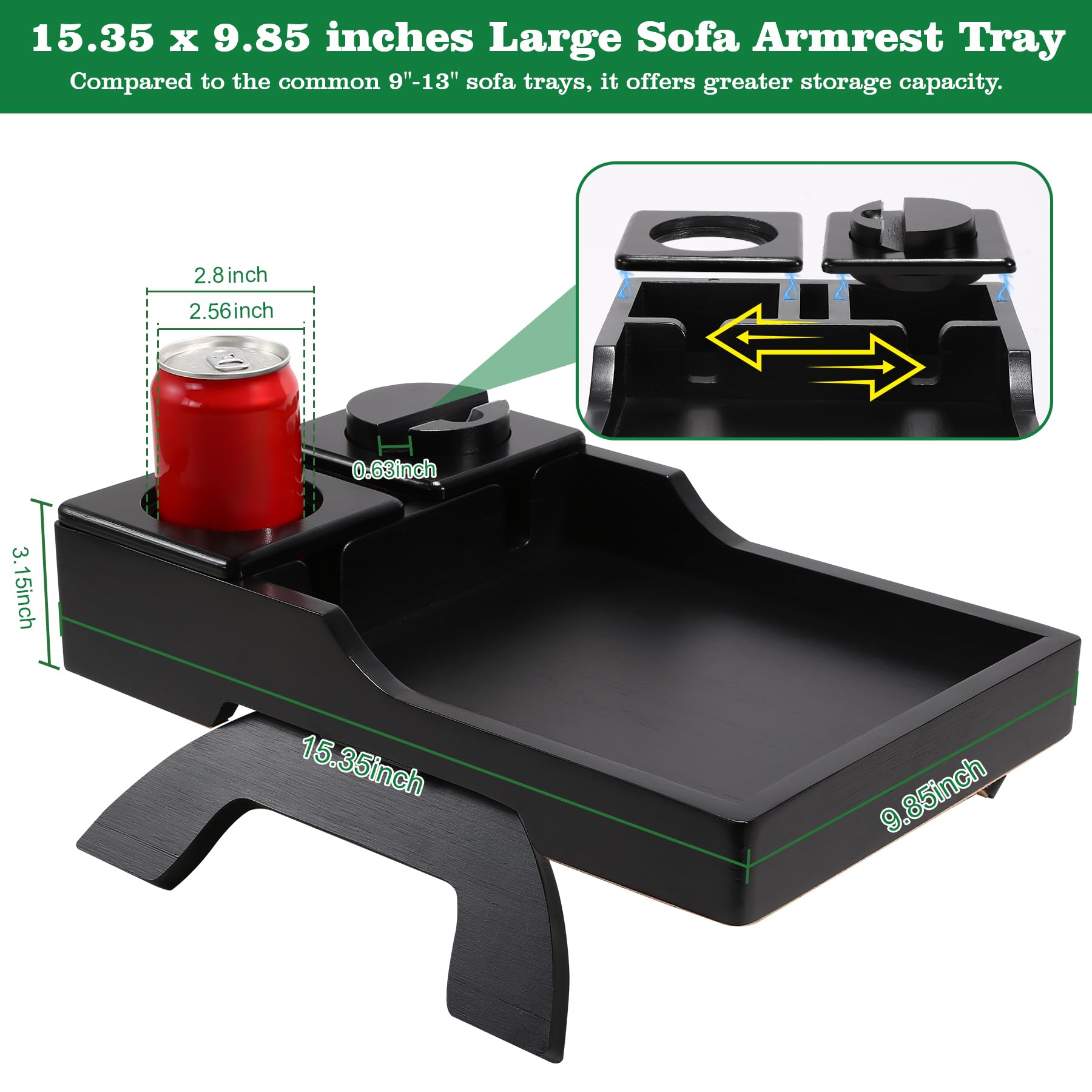 GHKINMAL Couch Cup Holder Tray, 15.4"x9.9" Large 4 in 1 Couch Arm Tray with 360°Rotated Phone Holder, Non-Slip Clip on Side Table for Drinks/Remote/Snacks, Ideal Gift for Husband, Wife, Parents