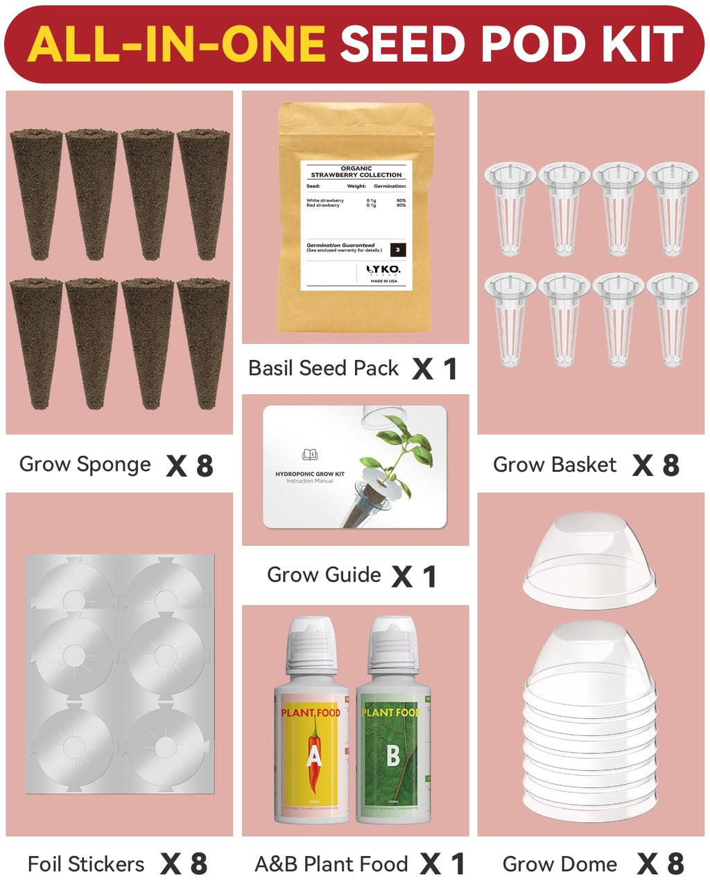 Hydroponics Seed Pod with Genovese Basil & Purple Basil, 8 Pods Complete Kit with Sponge, Basket, Dome, Label, Compatible with AeroGarden, Ahopegarden, GARDENCUBE, iDoo & MUFGA Indoor Smart Gardens