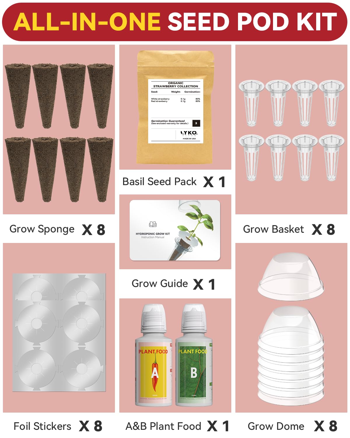 Hydroponics Seed Pod with Genovese Basil & Purple Basil, 8 Pods Complete Kit with Sponge, Basket, Dome, Label, Compatible with AeroGarden, Ahopegarden, GARDENCUBE, iDoo & MUFGA Indoor Smart Gardens
