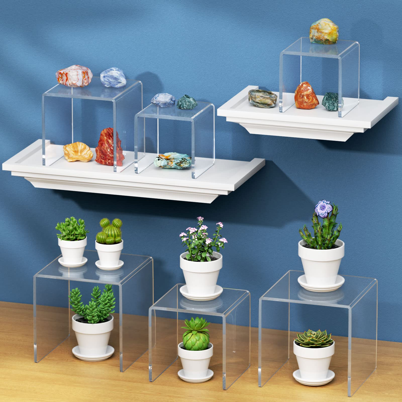 NIUBEE Acrylic Display Risers Stand 2 Sets,3 Steps Clear Riser Shelf Showcase for Amiibo Funko POP Figures -3"x3"x4"