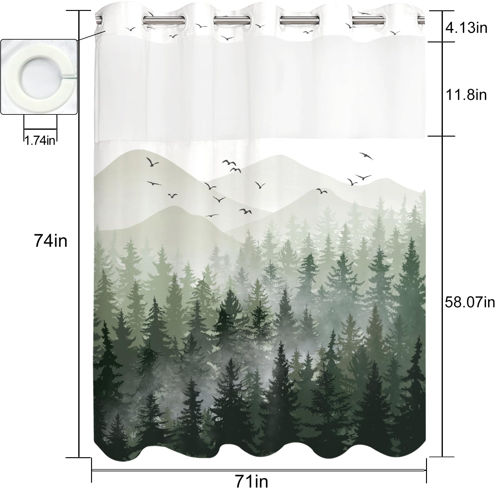 Stall Small Black and White Misty Forest Shower Curtain Ombre Gray Grey Mountain Pine Tree Waterproof Fabric Shower Curtains for Bathroom Nature Woodland Decorative Bath Curtain Decor 36×72 Inches