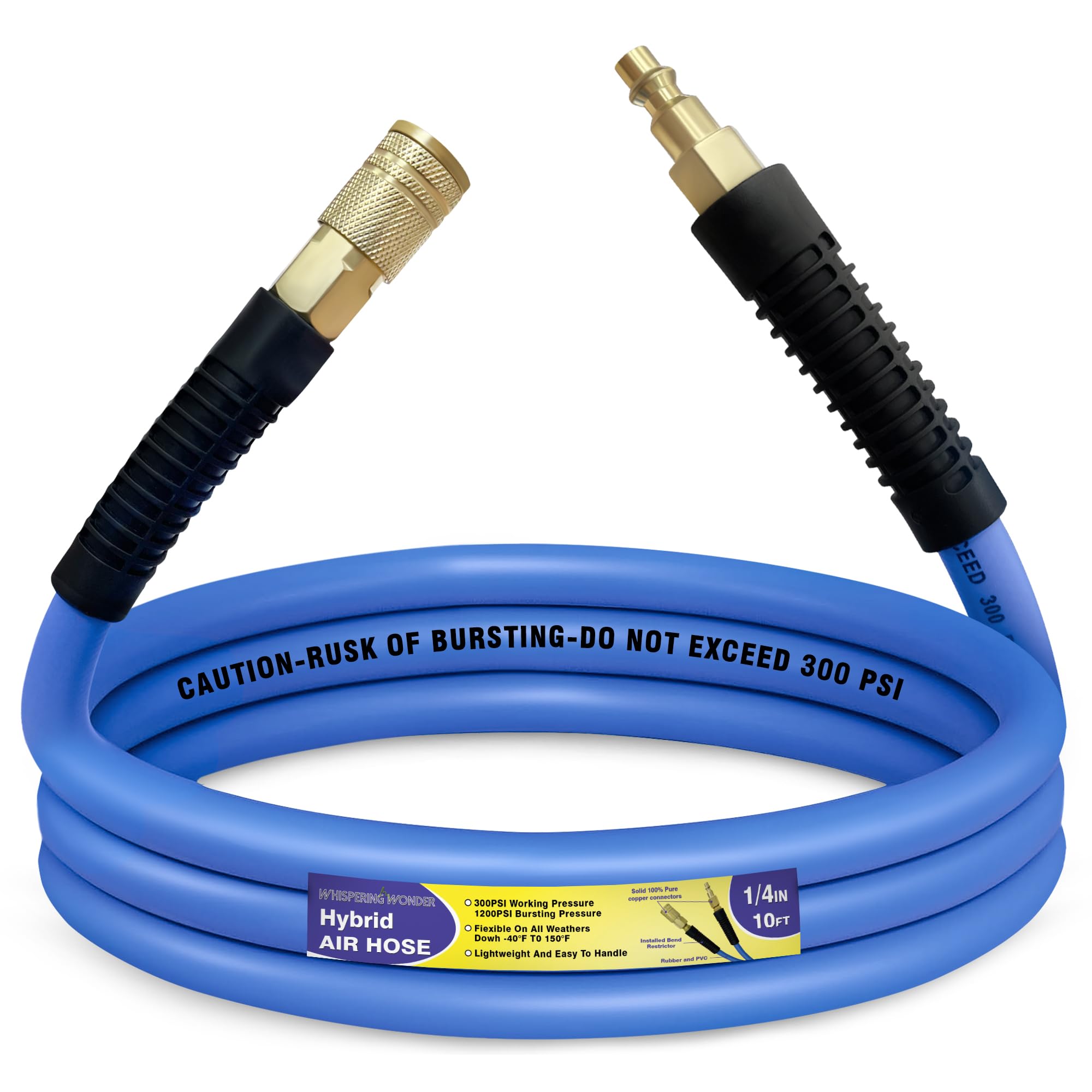 Air Compressor Hose 1/2 in, 300 PSI Heavy Duty Hybrid Air Hose with Quick Coupler and Plug Kit, Lightweight, Kink Resistant, All Weather Flexibility with Bend Restrictors, 6 Feet