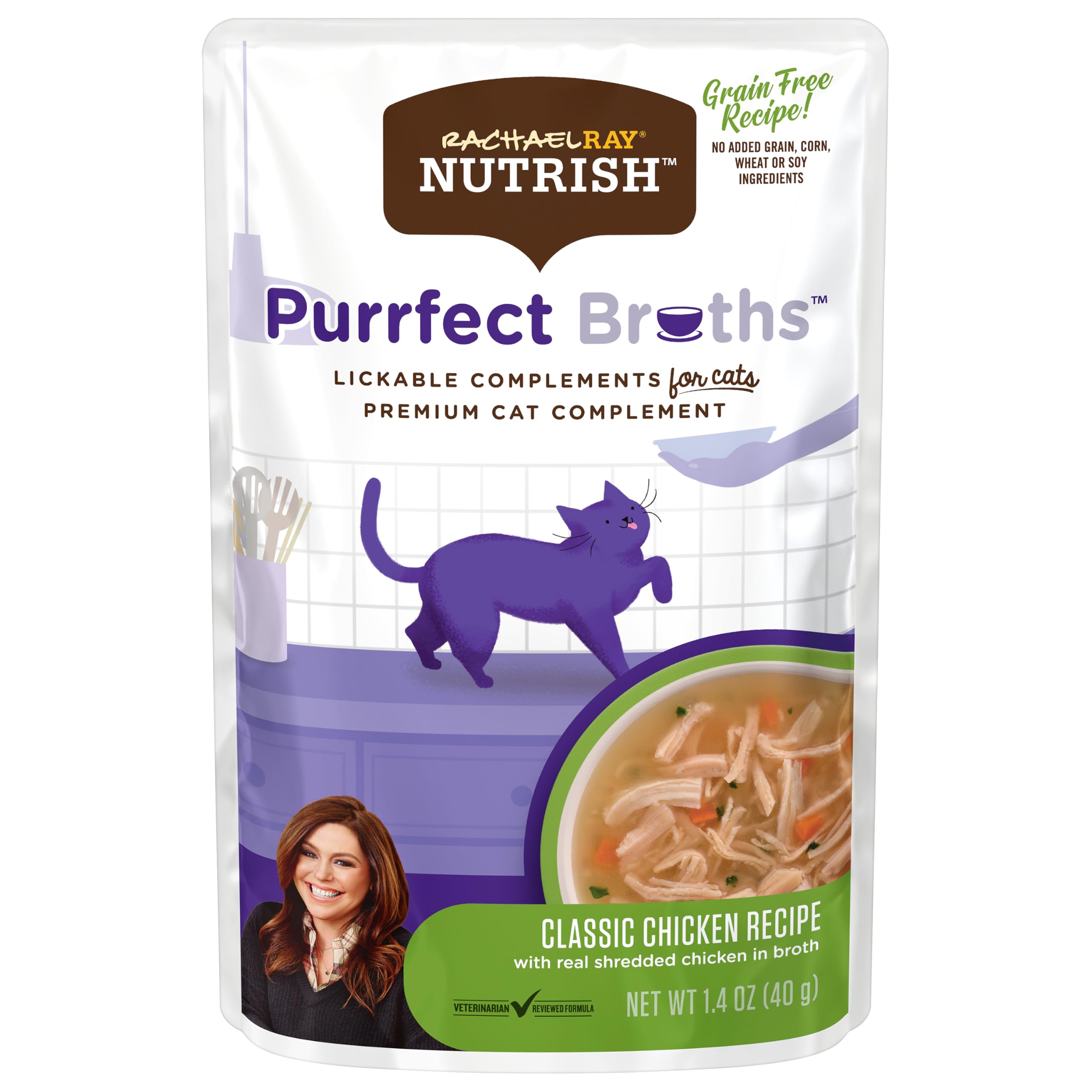 Nutrish Rachael Ray Purrfect Broths Classic Chicken Recipe, Lickable Complements for Cats, 1.4 oz. Pouch, 24 Count