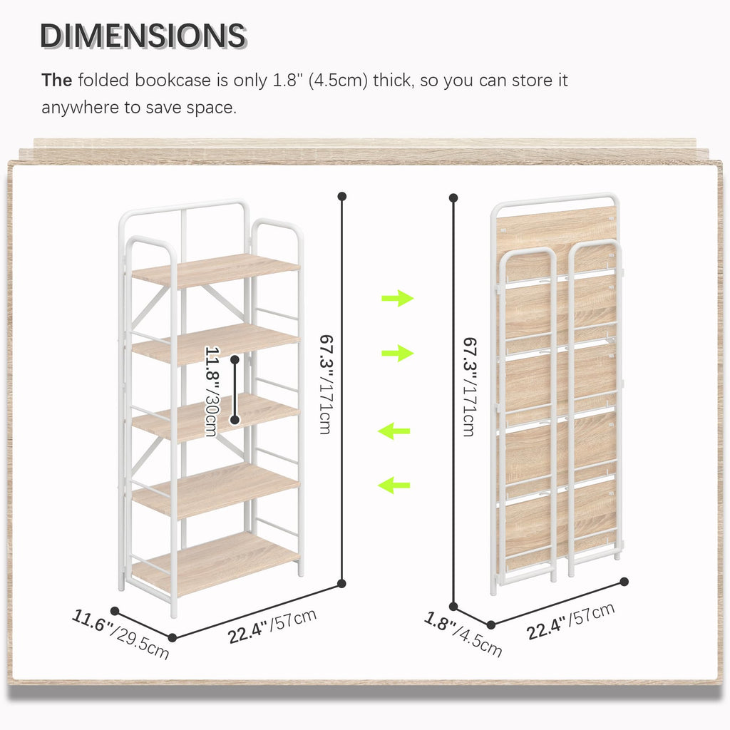 4NM No Assembly Folding Bookshelf, 3 Tiers Collapsible Book Shelves Open Industrial Foldable Storage Bookcase Shelf for Bedroom, Living Room, Home Office - Natural and White