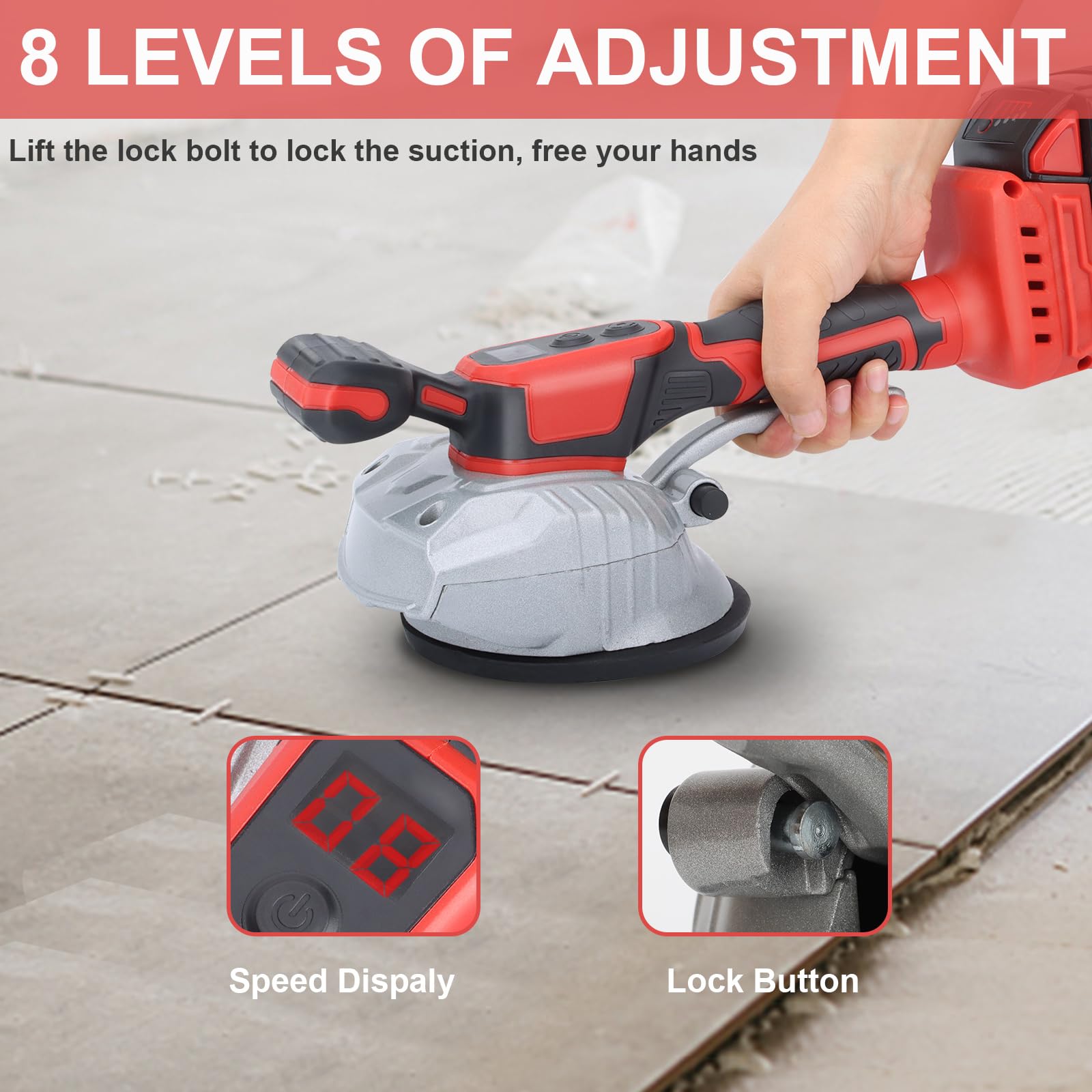 Tile Vibration Leveling Machine Compatible with Milwa-ukee 18V Battery, Cordless Tile Vibration Machine Installation Tool 150W Tiler Vibrator Tool with 8 Speed Suction Cup Digital Display (No battery)
