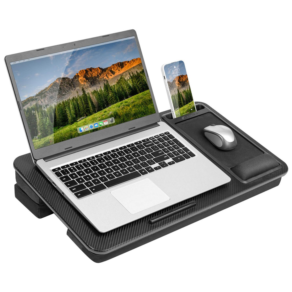 LAPGEAR Extra Large Adjustable Lap Desk – Fits Laptops up to 17.3”, Adjustable Cushion, Memory Foam Wrist Rest, Mouse Pad, Device Ledge, & Phone Slot – Black Carbon - Style No. 88108