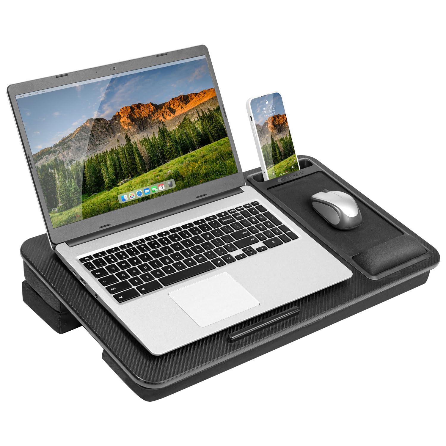 LAPGEAR Extra Large Adjustable Lap Desk – Fits Laptops up to 17.3”, Adjustable Cushion, Memory Foam Wrist Rest, Mouse Pad, Device Ledge, & Phone Slot – Black Carbon - Style No. 88108