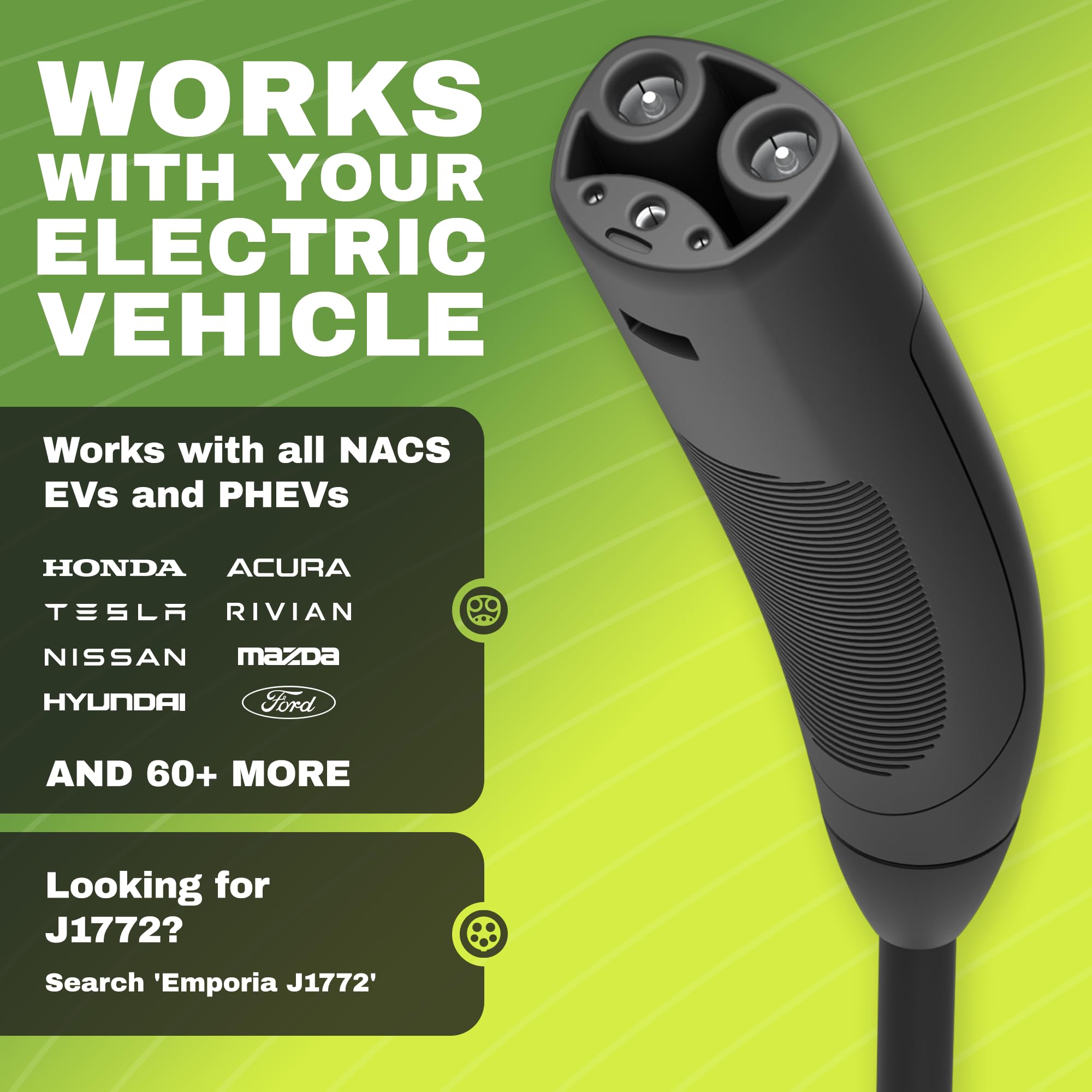 EMPORIA Level 2 EV Charger - NEMA 14-50 EVSE w/NACS, Compatible with Tesla - 48 amp EV Charger Level 2, 240v Electric Vehicle Charging Station, UL/Energy Star, 25ft Cable, Black