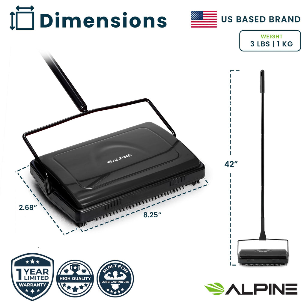 Alpine Manual Carpet Sweeper Triple Brush – Cordless Non Electric Multi-Surface Floor Brush Hardwood Floor Cleaner Easy Sweeping for Carpeted Floors (Improved Black)
