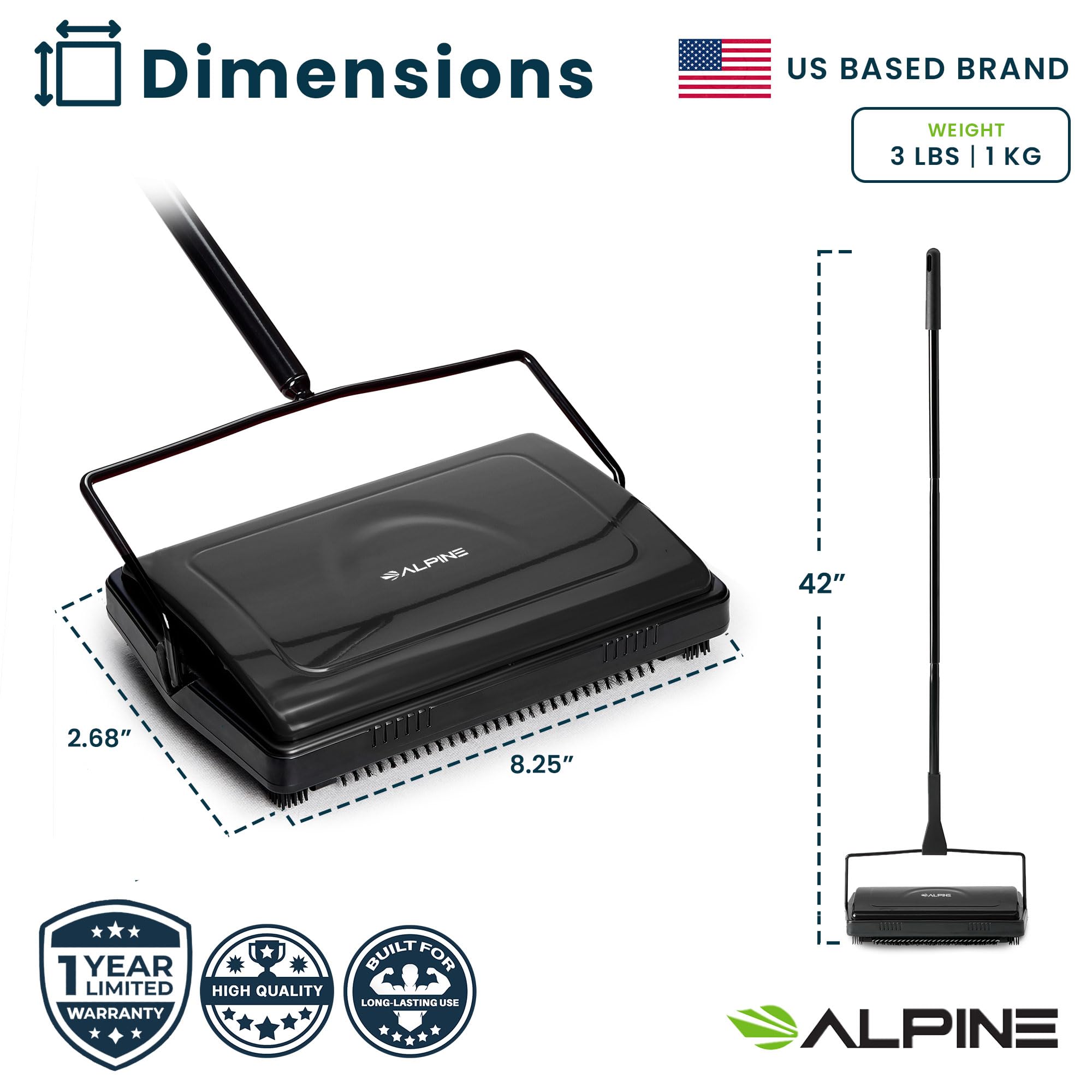 Alpine Manual Carpet Sweeper Triple Brush – Cordless Non Electric Multi-Surface Floor Brush Hardwood Floor Cleaner Easy Sweeping for Carpeted Floors (Improved Black)