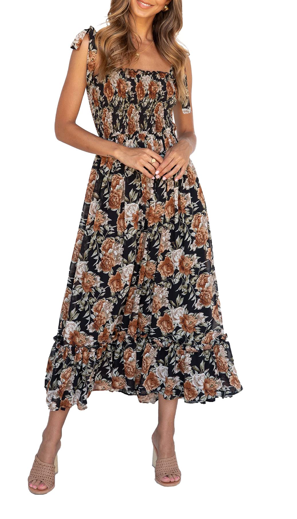 Imily Bela Womens Summer Floral Maxi Dress Boho Tie Strap Sleeveless Smocked A Line Beach Sundress Long Dresses