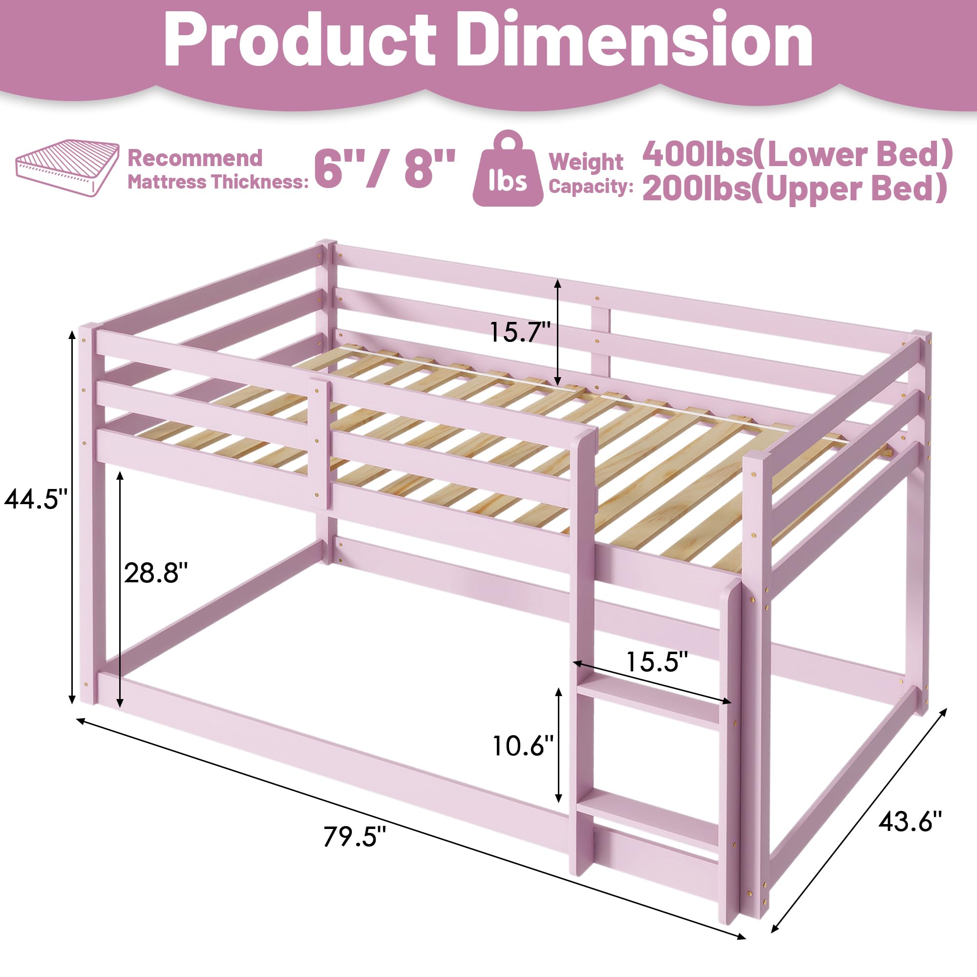 Bunk Bed Twin Over Twin, Wood Low Profile Floor Twin Bunk Beds with Headboard Ladder Guardrails for Kids Boys and Girls, No Box Spring Needed