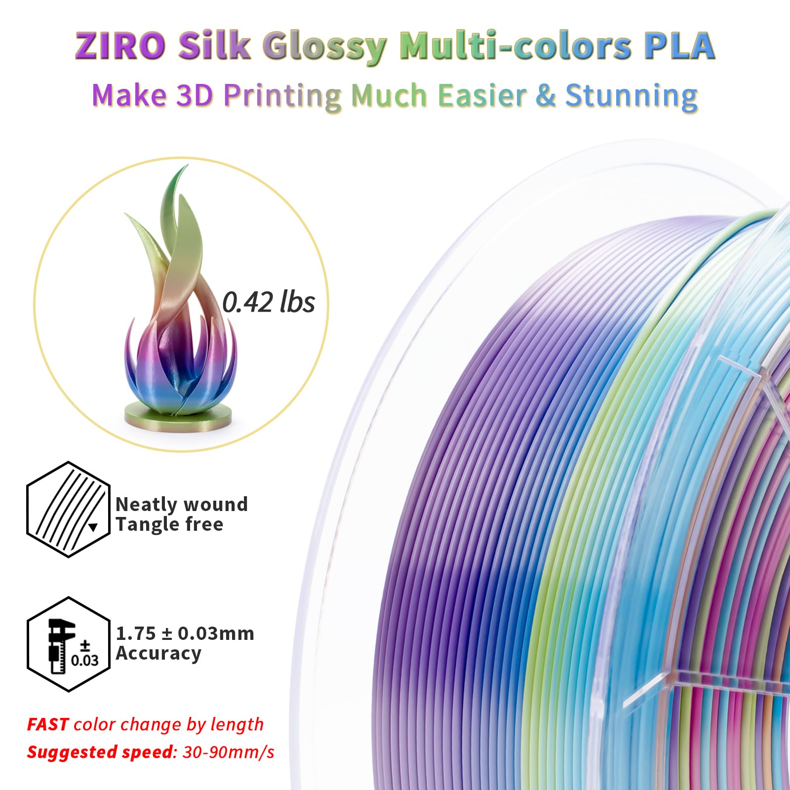 ZIRO Fast Color Change PLA, 1.75mm Color Gradient Filament, Glossy Rainbow PLA Filaments, Fit Most 3D Printer Pen, Shiny Surface 1KG/2.2lbs Spool, Aqua Sky (Silk)