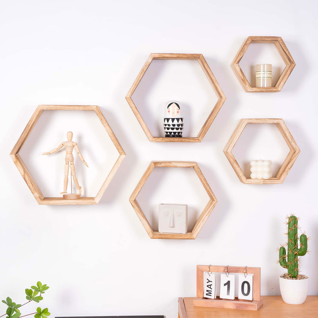 WONFUlity Hexagon Shelves for Wall Mounted, Wood Farmhouse Storage Honeycomb Floating Shelves for Wall Decor,Screws Anchors Included,5pc