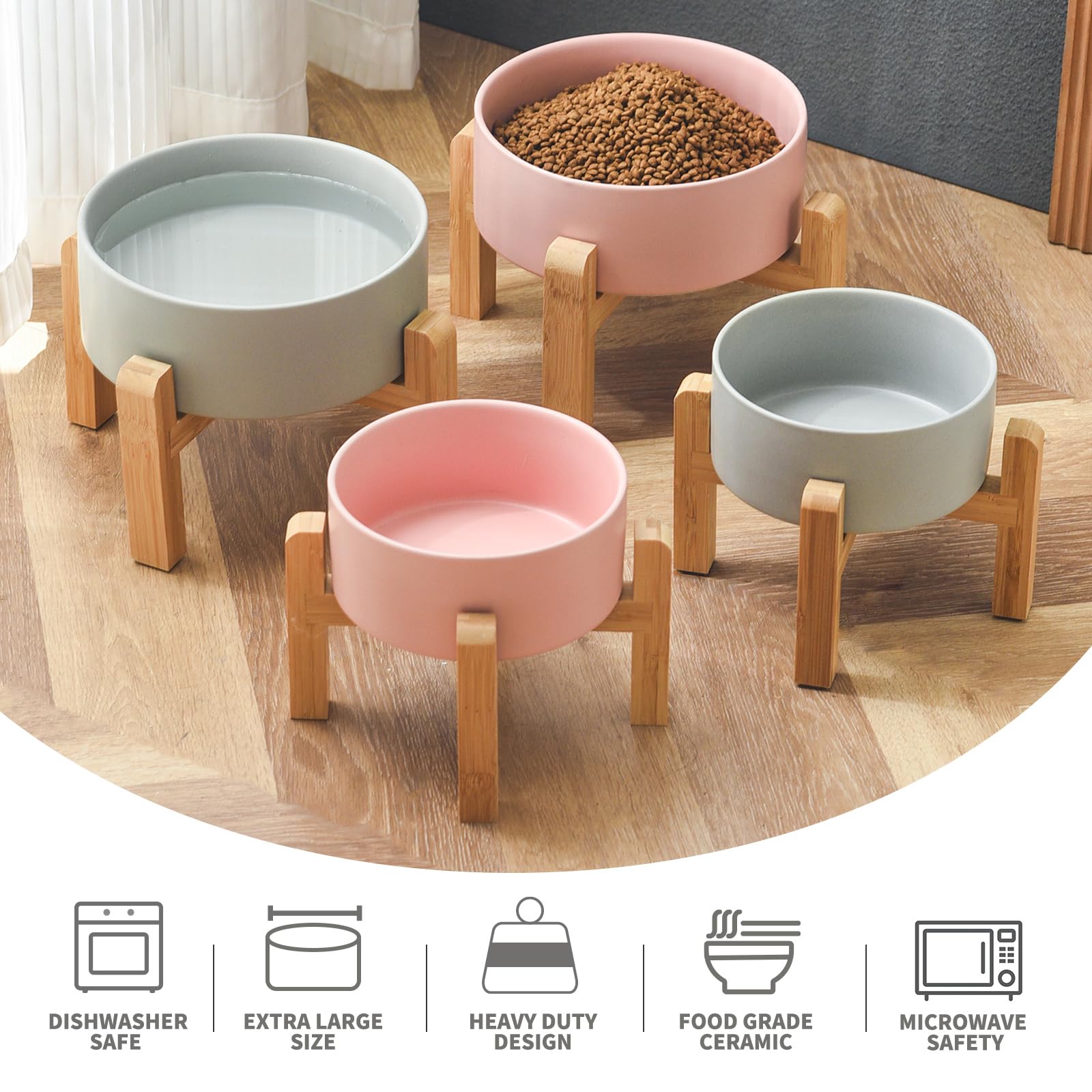 6'' Ceramic Raised Dog Bowl - 30Oz Dog Food & Water Bowl with Elevated Non-Slip Bamboo Stand, Dishwasher & Microwave Safe, Anti Vomiting Heavy Duty Pet Bowl for Small and Medium Dogs, Black