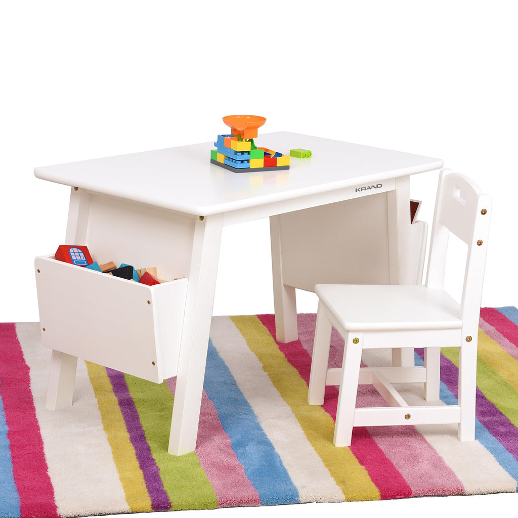Kids Solid Wood Table and 2 Chair Set with Built-in Storage Cases Children's Storage Table and Chair Set for Toddlers Boys and Girls (Bianca White)