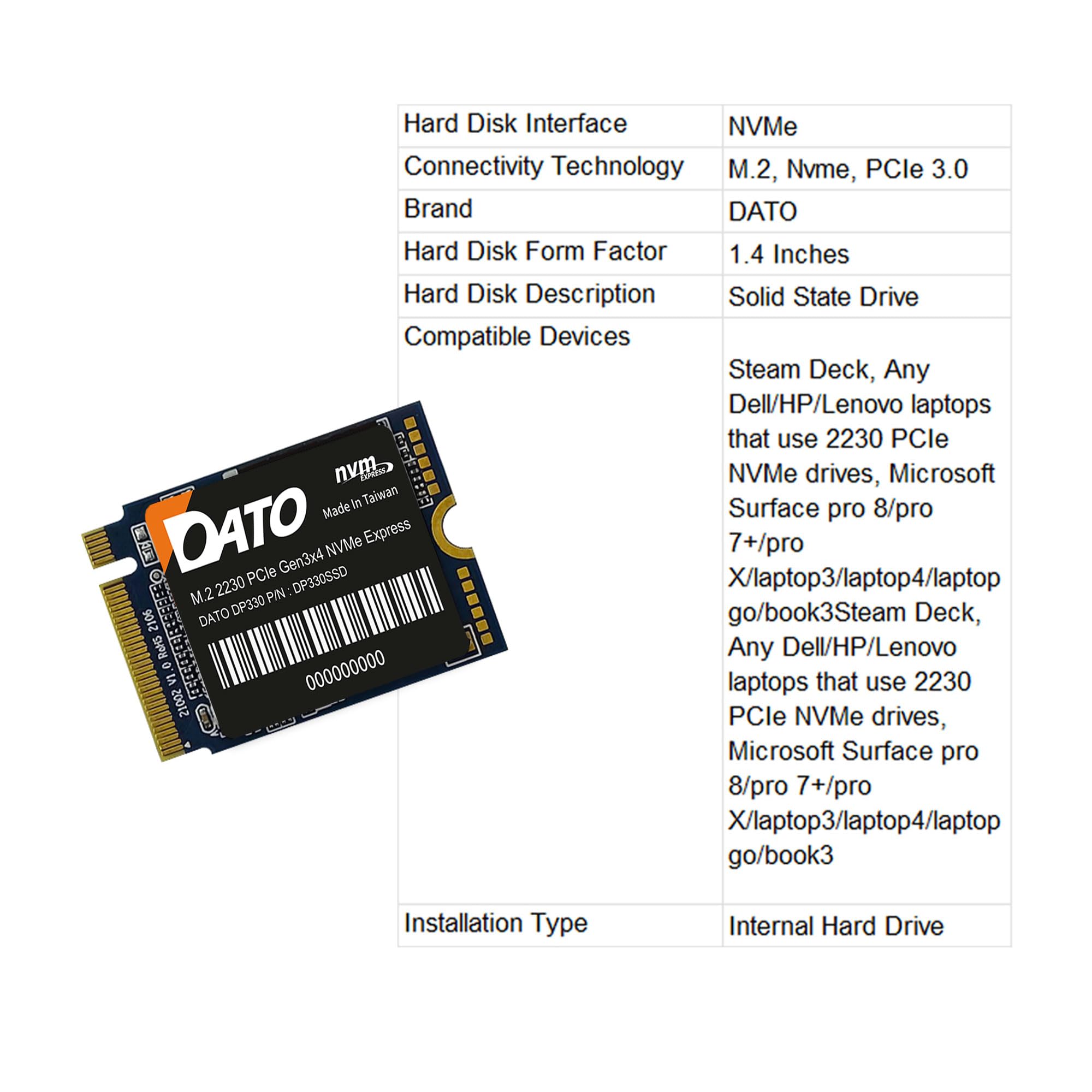 DATO M.2 2230 SSD PCIe 512GB Gen 3x4 NVMe with Aluminium heatsink, Internal Solid State Drive M Key for Business Students Gamers Creator, up to 2500/1700 MB/s - ARS330