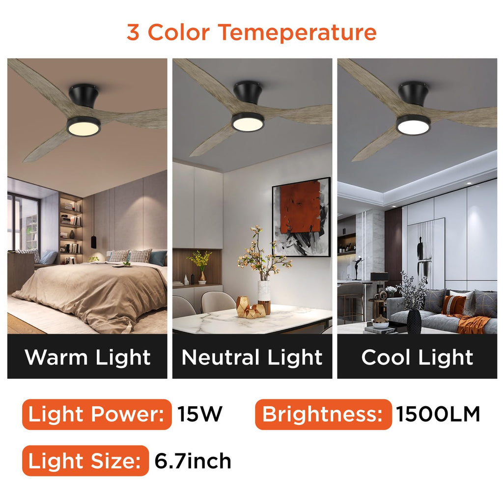 TALOYA Ceiling Fans with Lights,42 inch Modern Low Profile Ceiling Fan with Light and Remote Control, Flush Mount, 3CCT, White Ceiling Fan for Bedroom Living Room and Patio