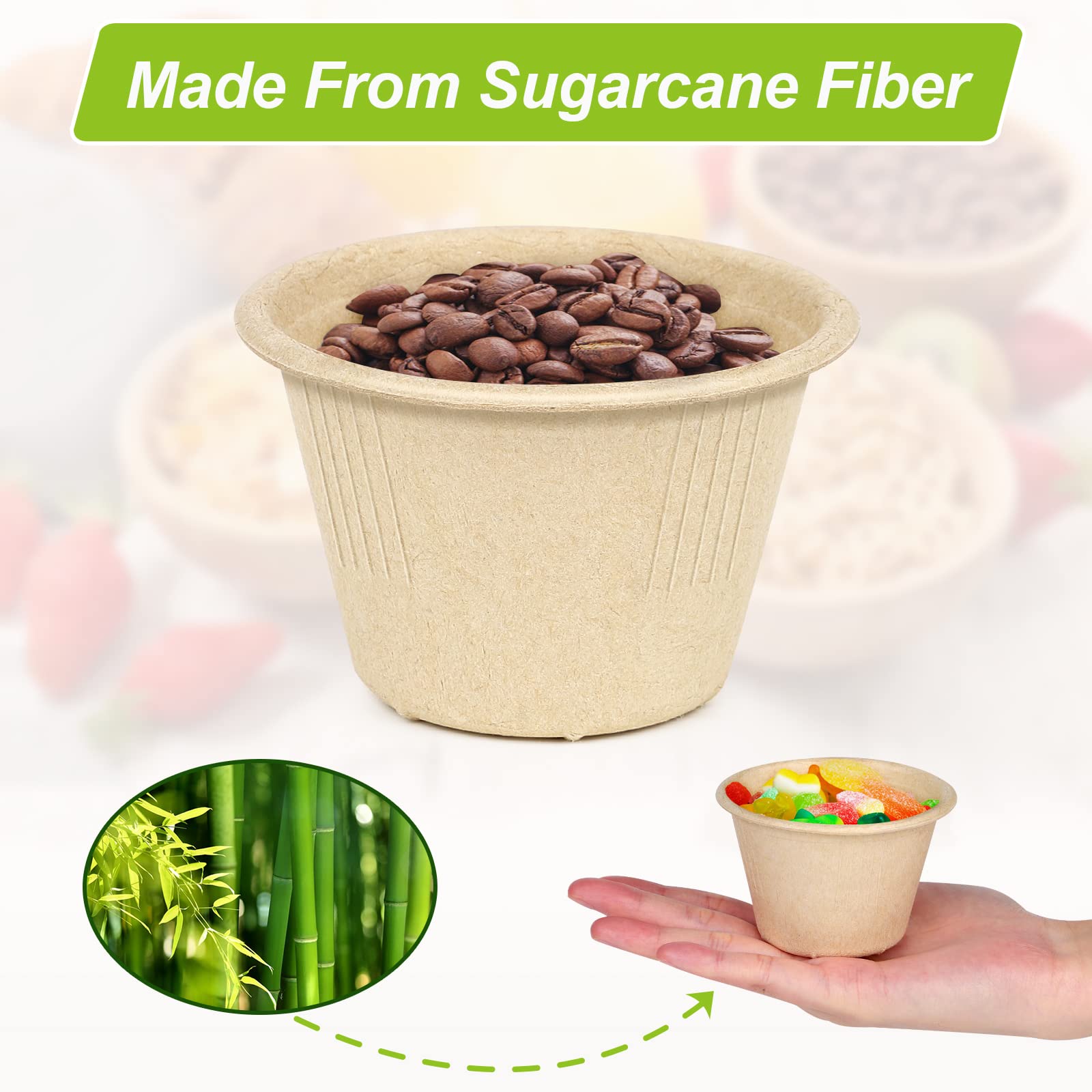 4 oz Small Paper Bowls, 100 Pack Compostable Bagasse Fiber Bowls, Microwavable for Condiments, Sauce, Ice Cream