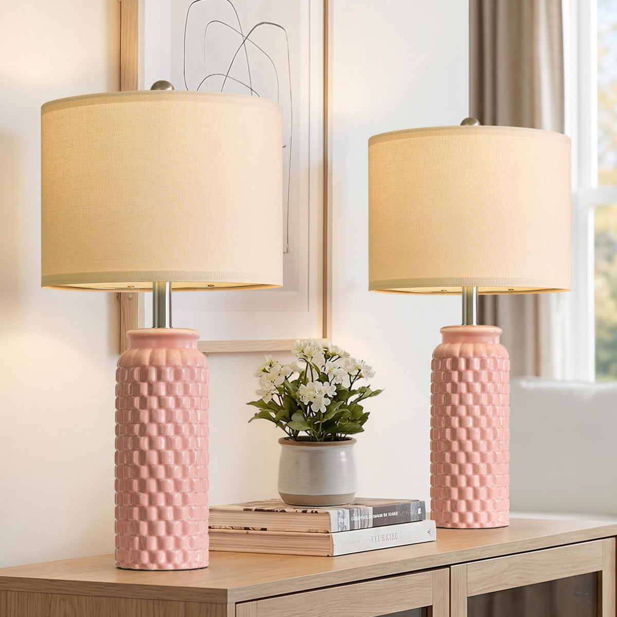 USumkky 20.5" Gold Modern Ceramic Bedside Lamp Set of 2 for Bedroom Decor Farmhouse Table Lamp for Living Room Office Dorm