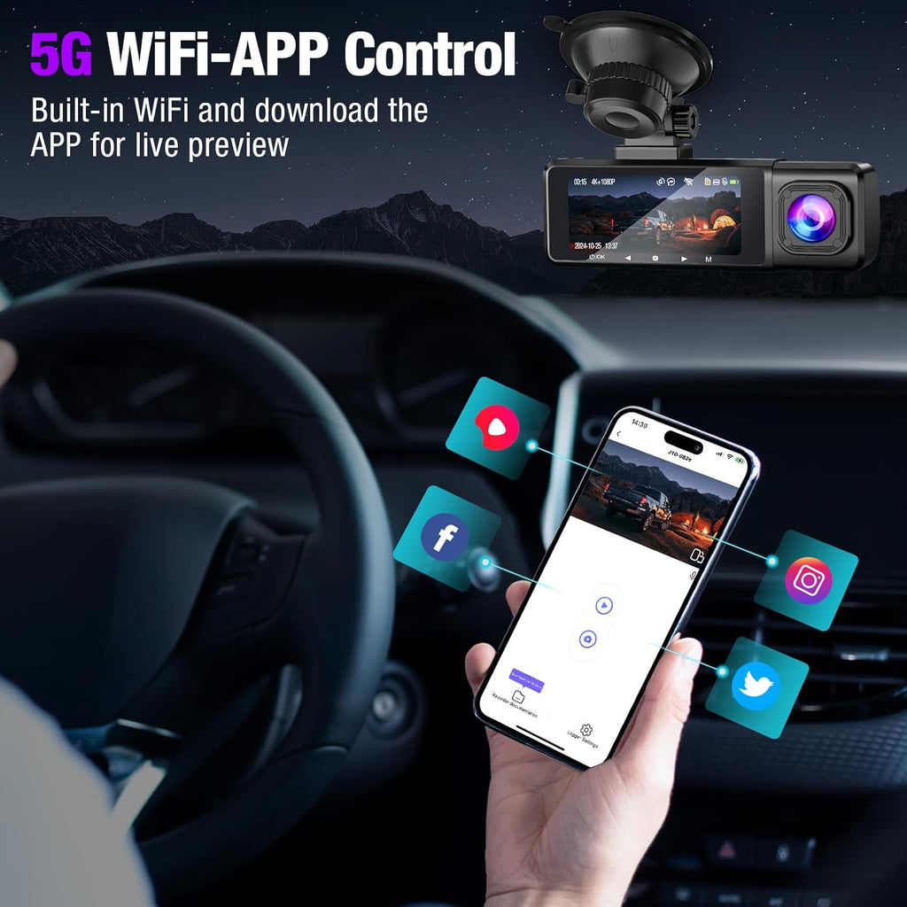 3-Channel 4K Dash Cam with WiFi, 4K+1080P+1080P Front/Inside/Rear, Night Vision, Parking Mode, 64GB Card Included