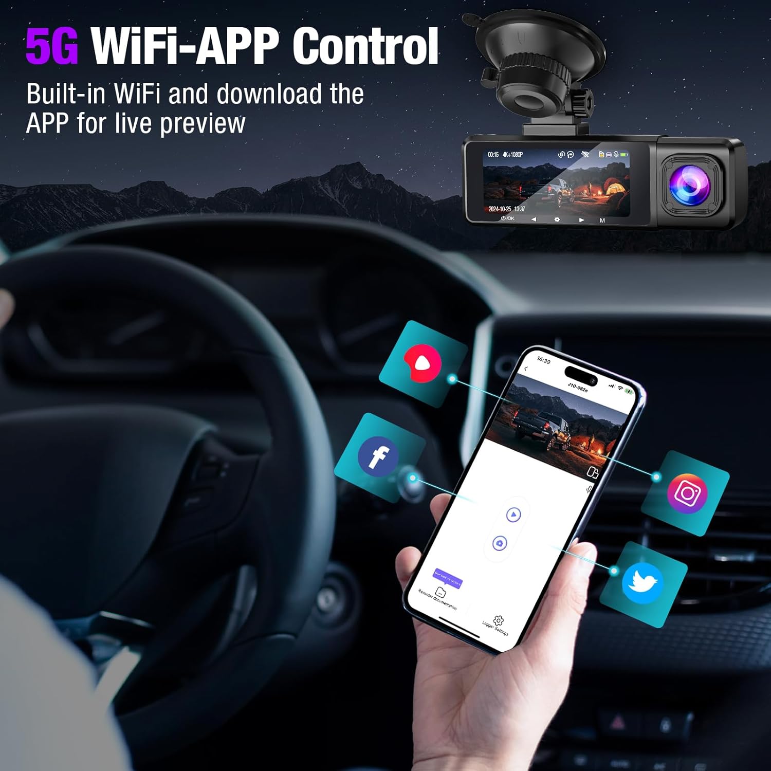 3-Channel 4K Dash Cam with WiFi, 4K+1080P+1080P Front/Inside/Rear, Night Vision, Parking Mode, 64GB Card Included