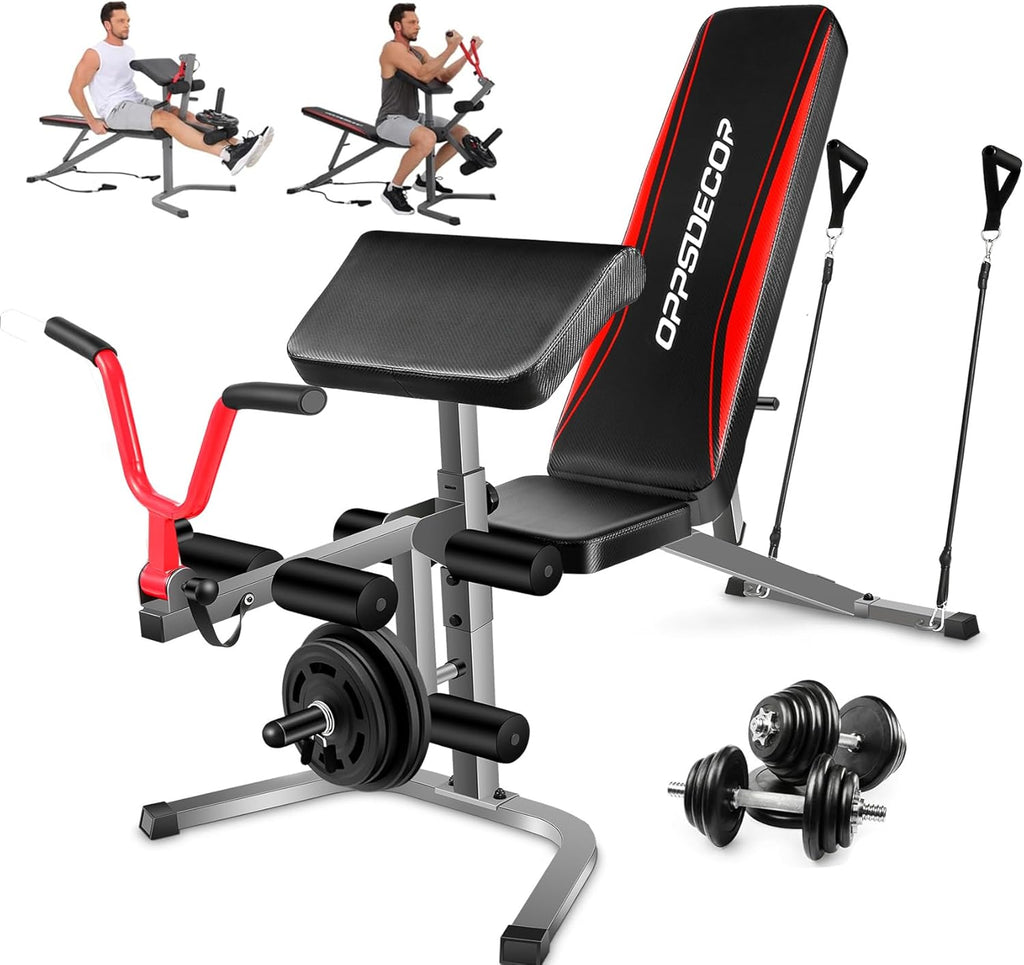 OPPSDECOR Adjustable Weight Bench Set with Leg Extension & Leg Curl, 900LBS Incline/Decline/Flat Preacher Curl Bench, Space-Saving Workout Bench for Home Gym