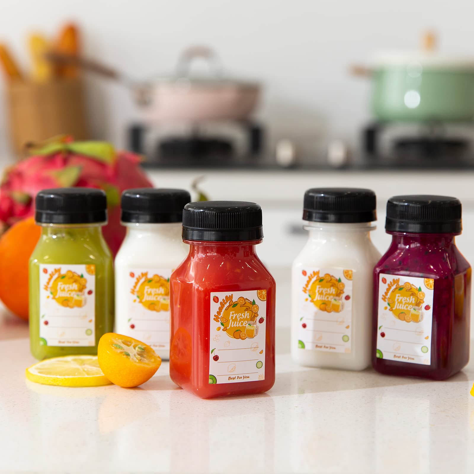 TOMNK 45pcs 2oz Plastic Shot Juice Bottles with Caps, Ginger Shot Bottles, Reusable Clear Bulk Beverage Containers for Ginger Shot, Juice, Milk, and Other Beverages