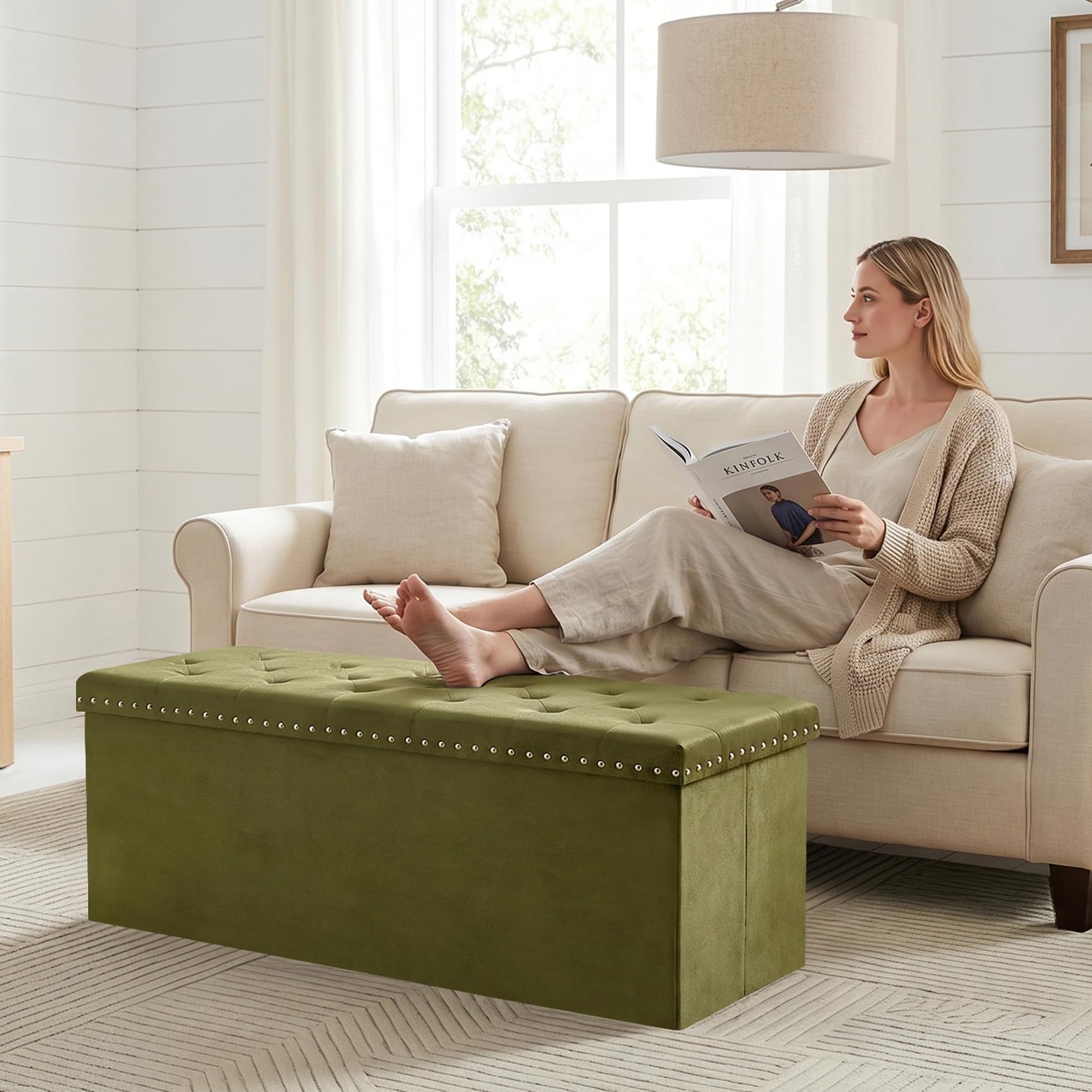 PINPLUS Folding Storage Ottoman Bench, Folding Velvet Tuffed Foot Rest Stool with Rivet, End of Bed Bench Large Long Shoes Chest for Bedroom Entryway Living Room, Beige, 41.3 Inches