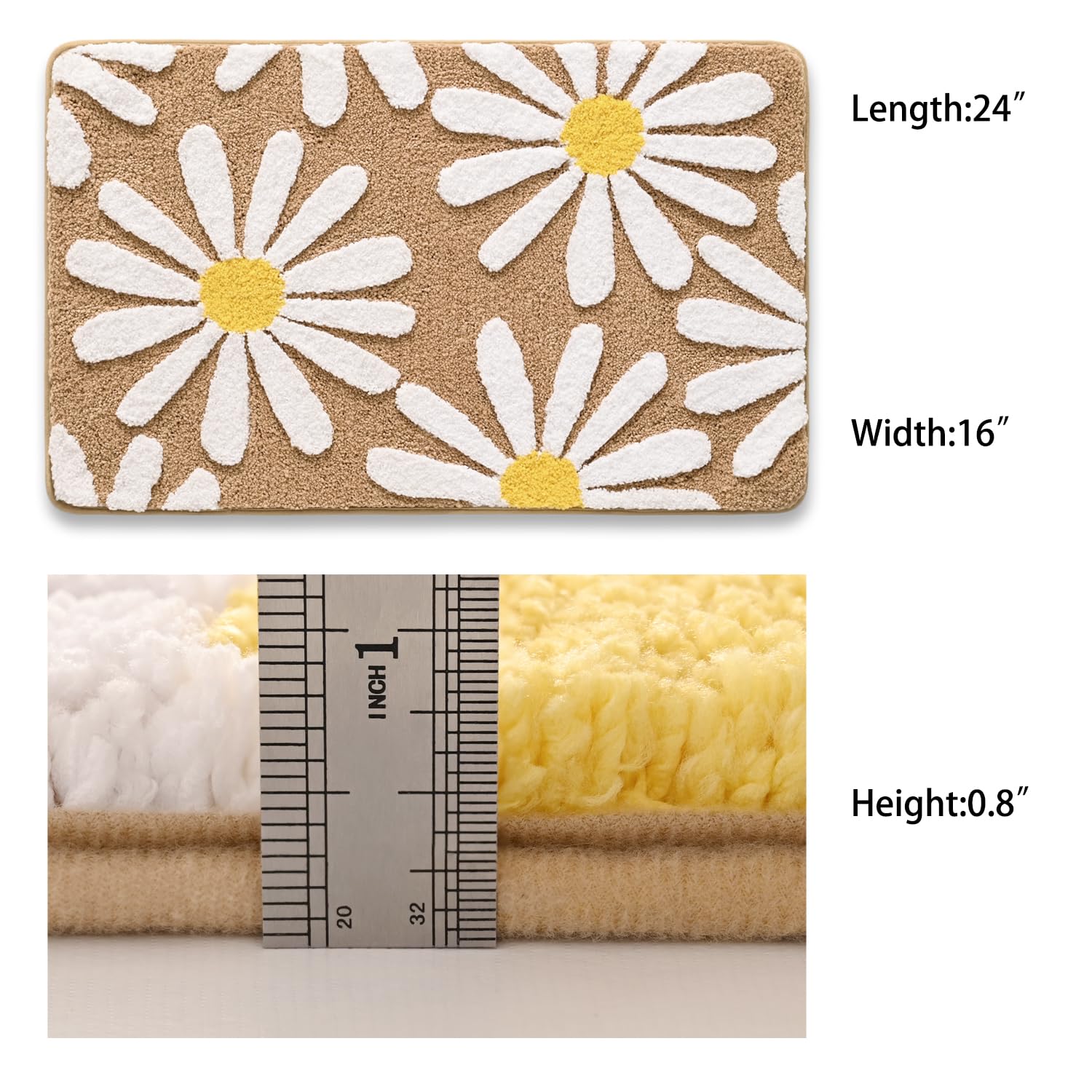 QJHOMO Beige Bathroom Rugs Cute Daisy Bath Mat White and Yellow Flower Decor Rug Non Slip Floor Carpet Microfiber Bathmat Super Absorbent Machine Washable Bathtub Mats for Shower (16x24 inch)