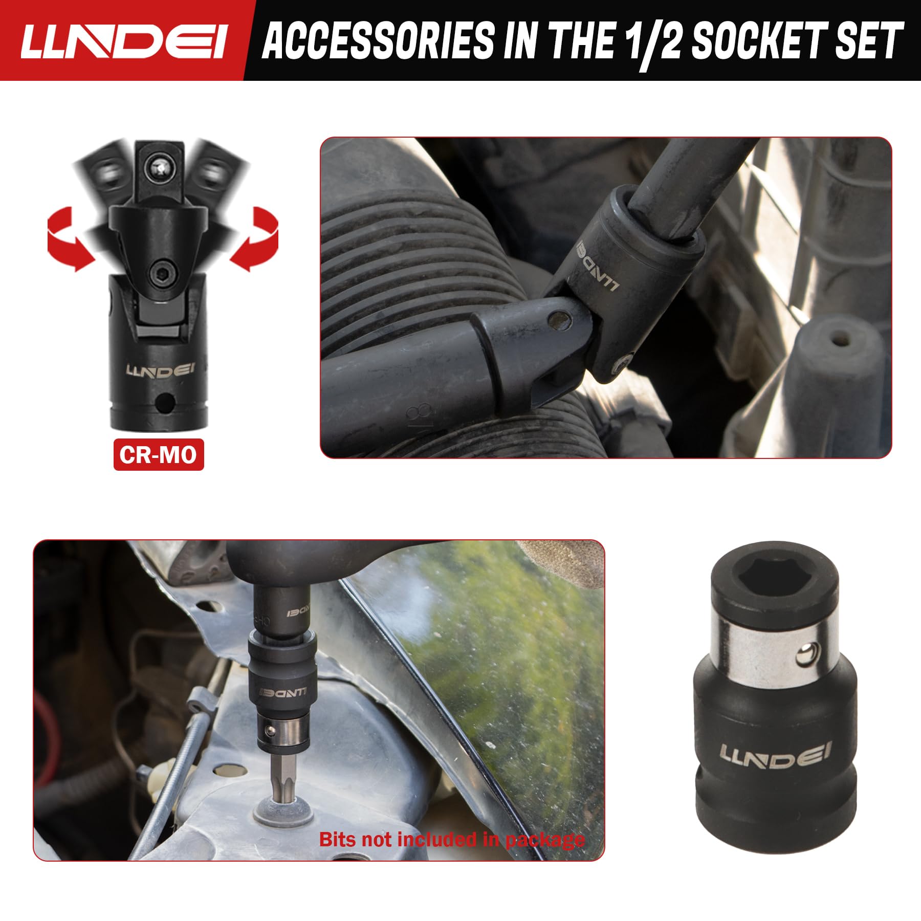 LLNDEI 1/2 inch Drive Deep Impact Socket Set, 37 Piece Standard SAE 3/8" to 1-1/4" | Metric 8 to 24mm, Includes Spark Plug Socket (16, 21mm), CR-MO Universal Joint, Extension Bars and Adapter